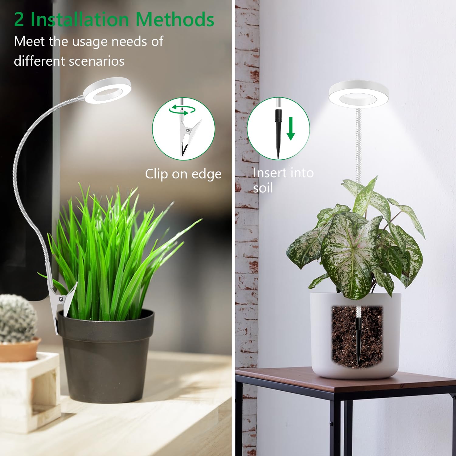 Xuligron Grow Light, Led Full Spectrum Plant Light For Indoor Plants, 2 Mounting Methods Clip Or Plug, White Halo Plant Growing