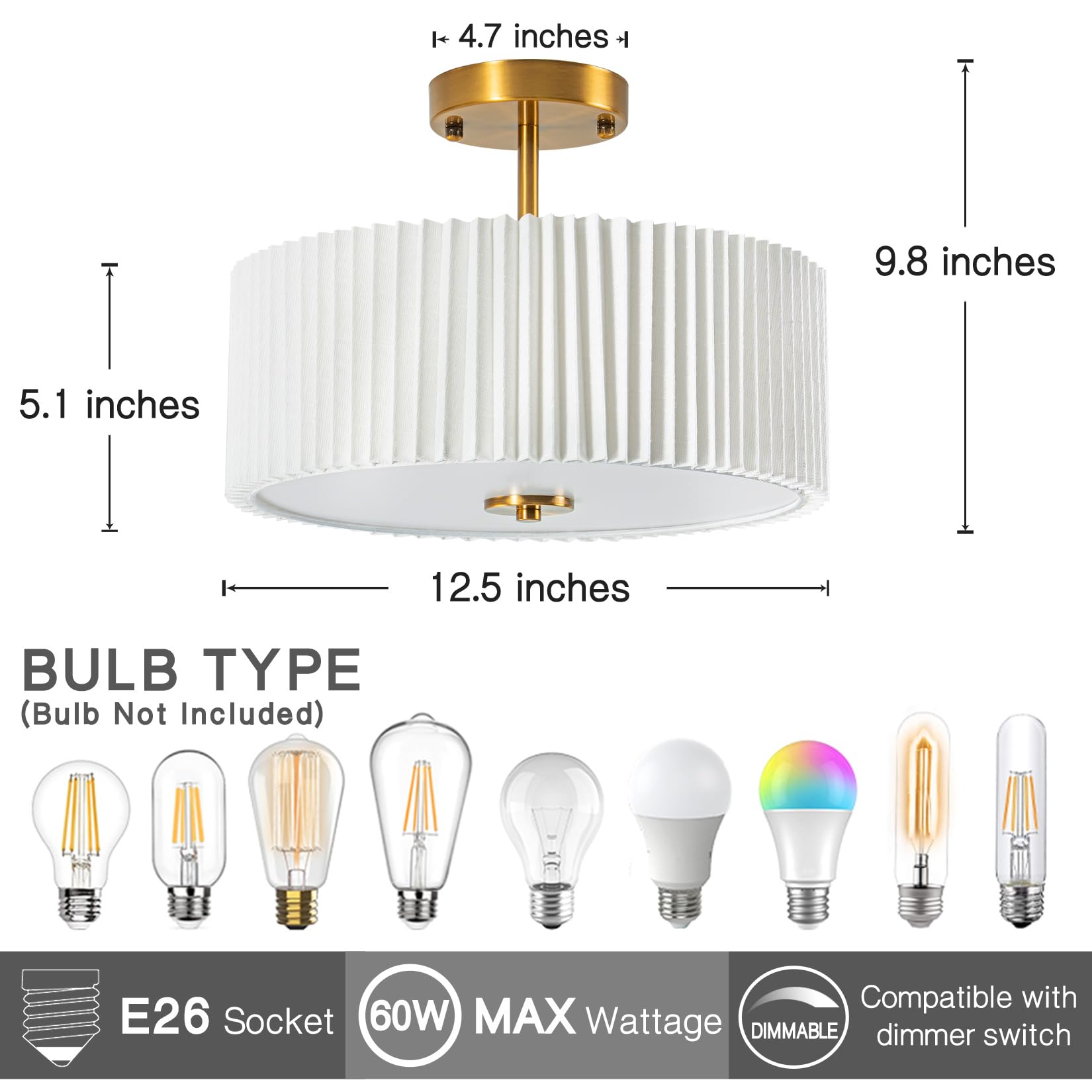 Bargeni Semi Flush Mount Ceiling Light Fixture,12.5 Inch Drum Flush Mount Ceiling Light,Gold Light Fixtures Ceiling Mount,Cream