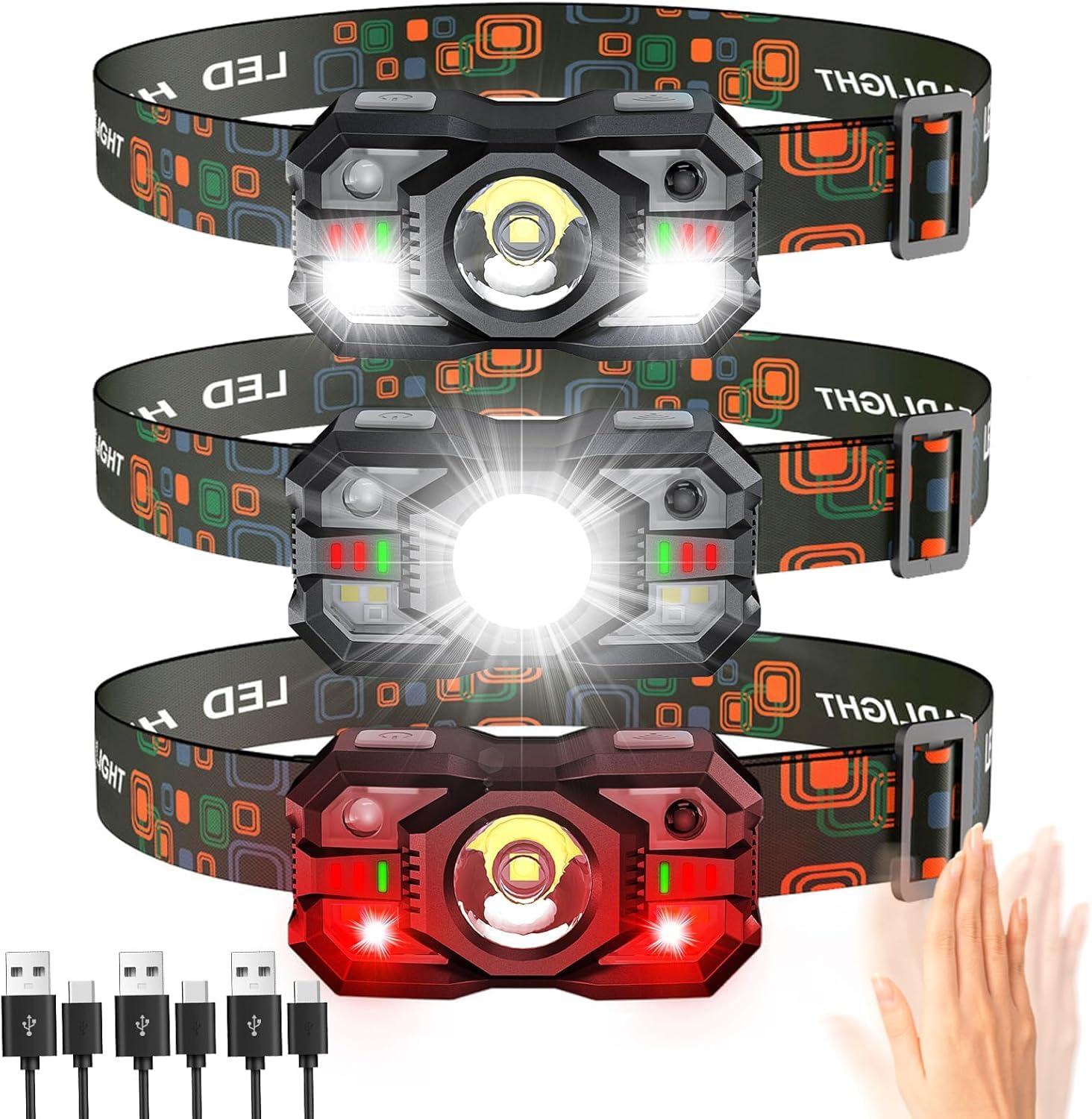 Rechargeable Headlamp Flashlight 3-Pack, 2000 Lumen Super Bright Led Headlight With Red Light, Motion Sensor For Adults Kid, Wat