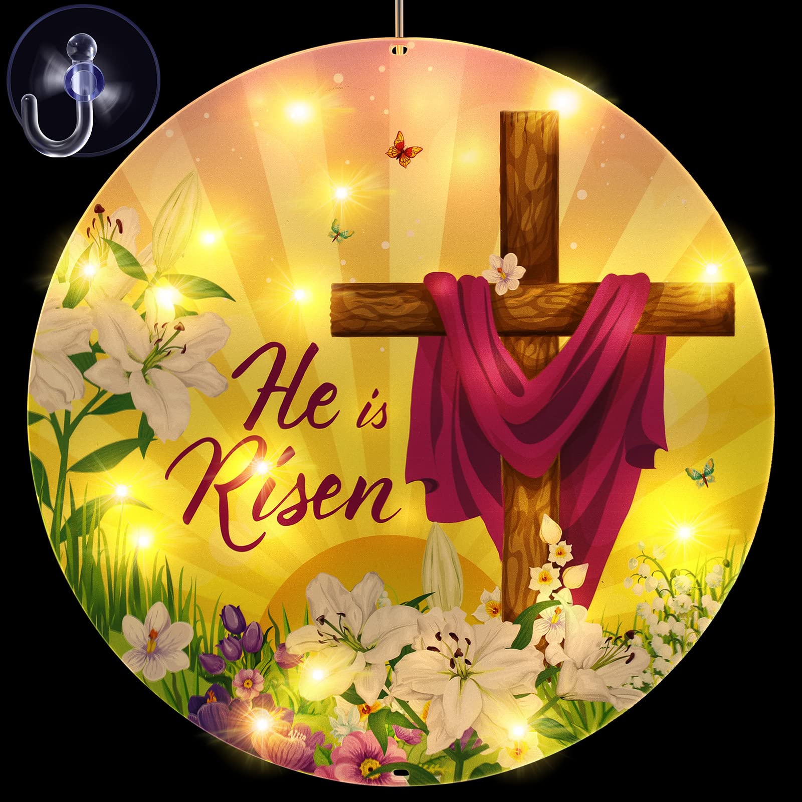 Geelin 11 Inch Easter Window Light He is Risen Decorations Spring Christian Jesus Cross Religious Sign LED Happy Easter Party Su