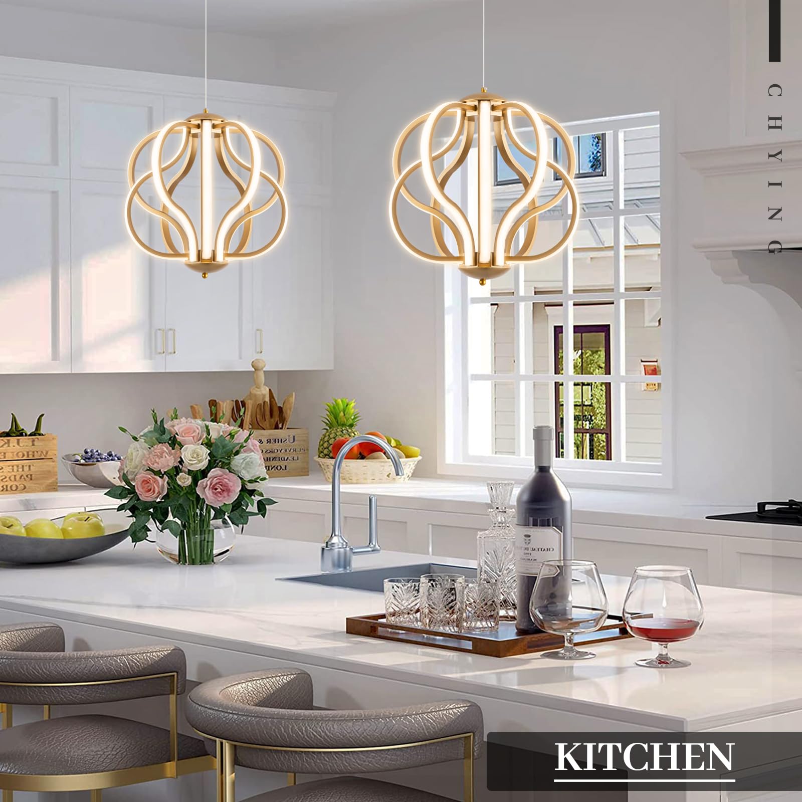CHYING Modern LED Chandelier 10-Light Gold Dimmable Pendant Light 70W Remote Control Adjustable Height for Dining Room Foyer Kitchen