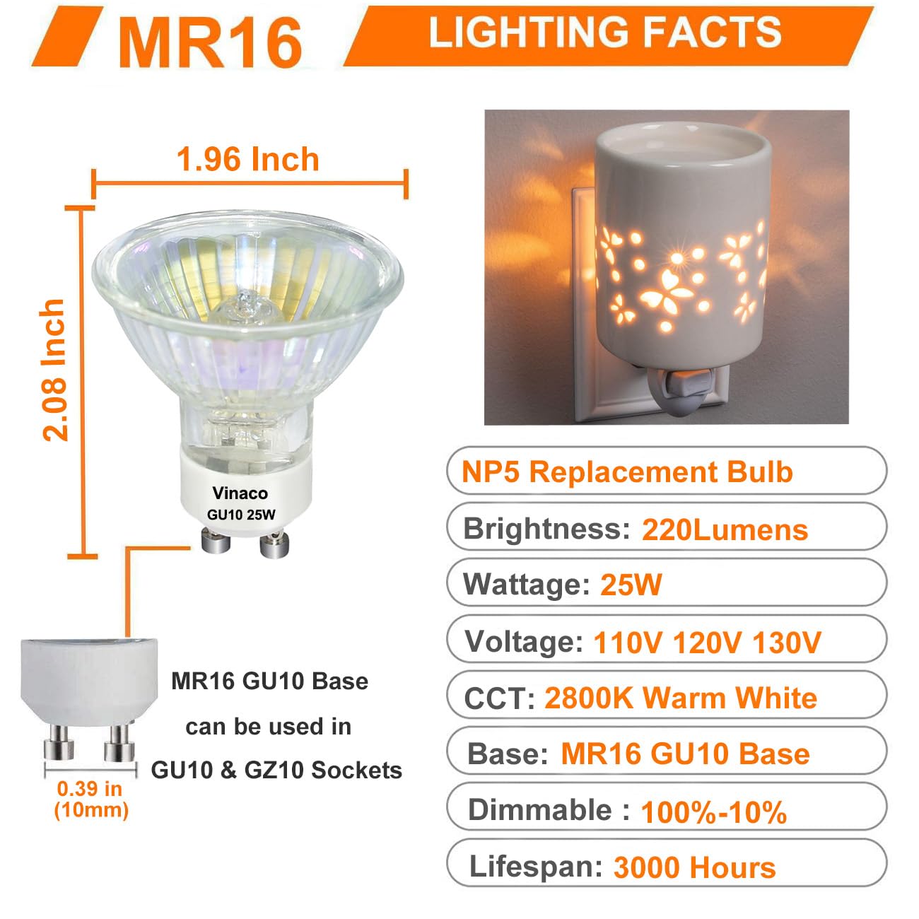 Vinaco Gu10 Bulb 25W, 6 Pack Gu10+C 120V 25W Bulb Dimmable, Long Lasting Np5 Gu10 120V 25W Bulb Candle Warmer With 2800K Warm Wh