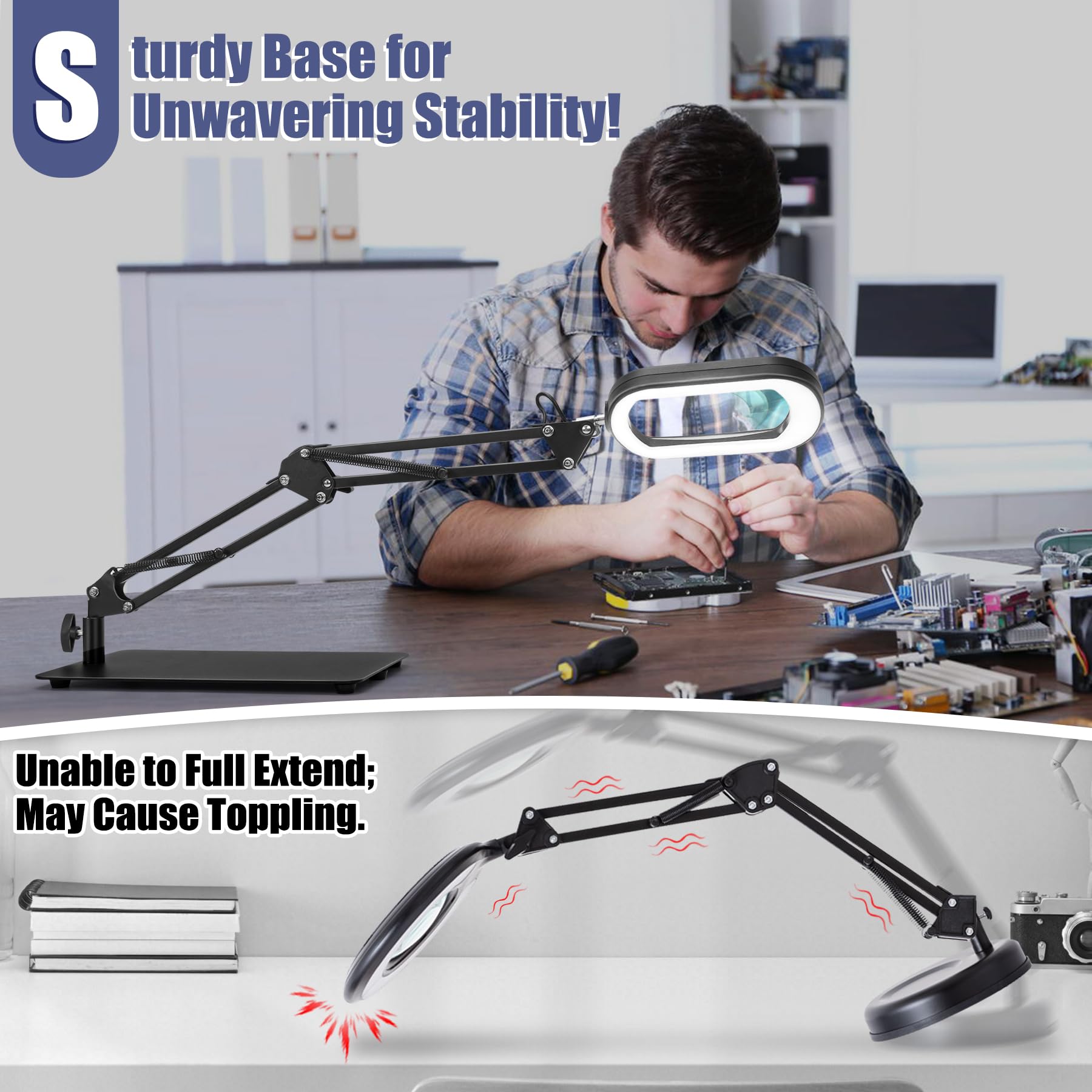 10X Square Magnifying Glass With Light And Stand, Real Glass Led Lighted Magnifier, 5 Color Modes Stepless Dimmable, Hands-Free