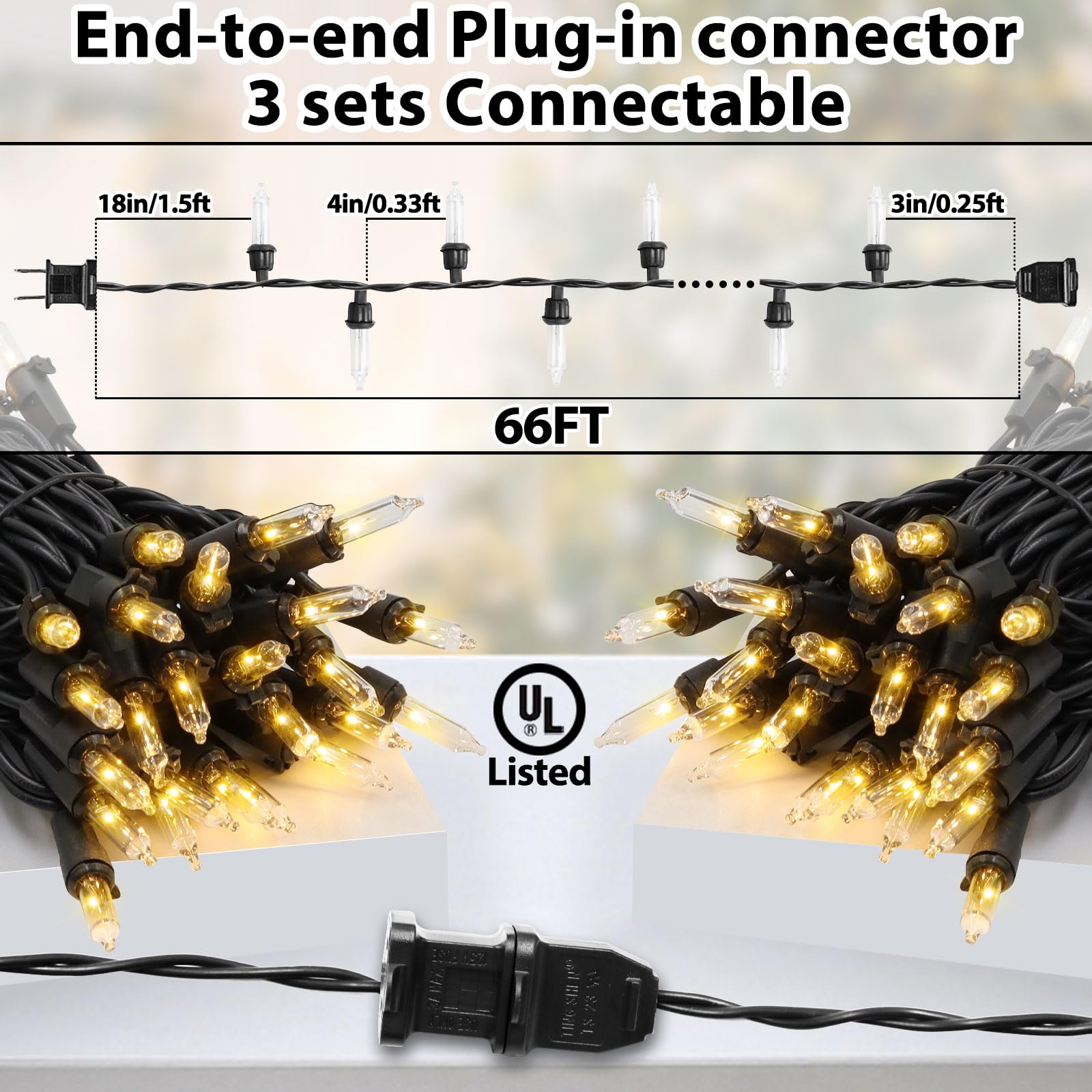 Cxlho Clear Christmas Lights 66Ft 200 Incandescent Bulbs Warm White Mini Lights With Black Wire For Christmas Tree, Garland, Tha