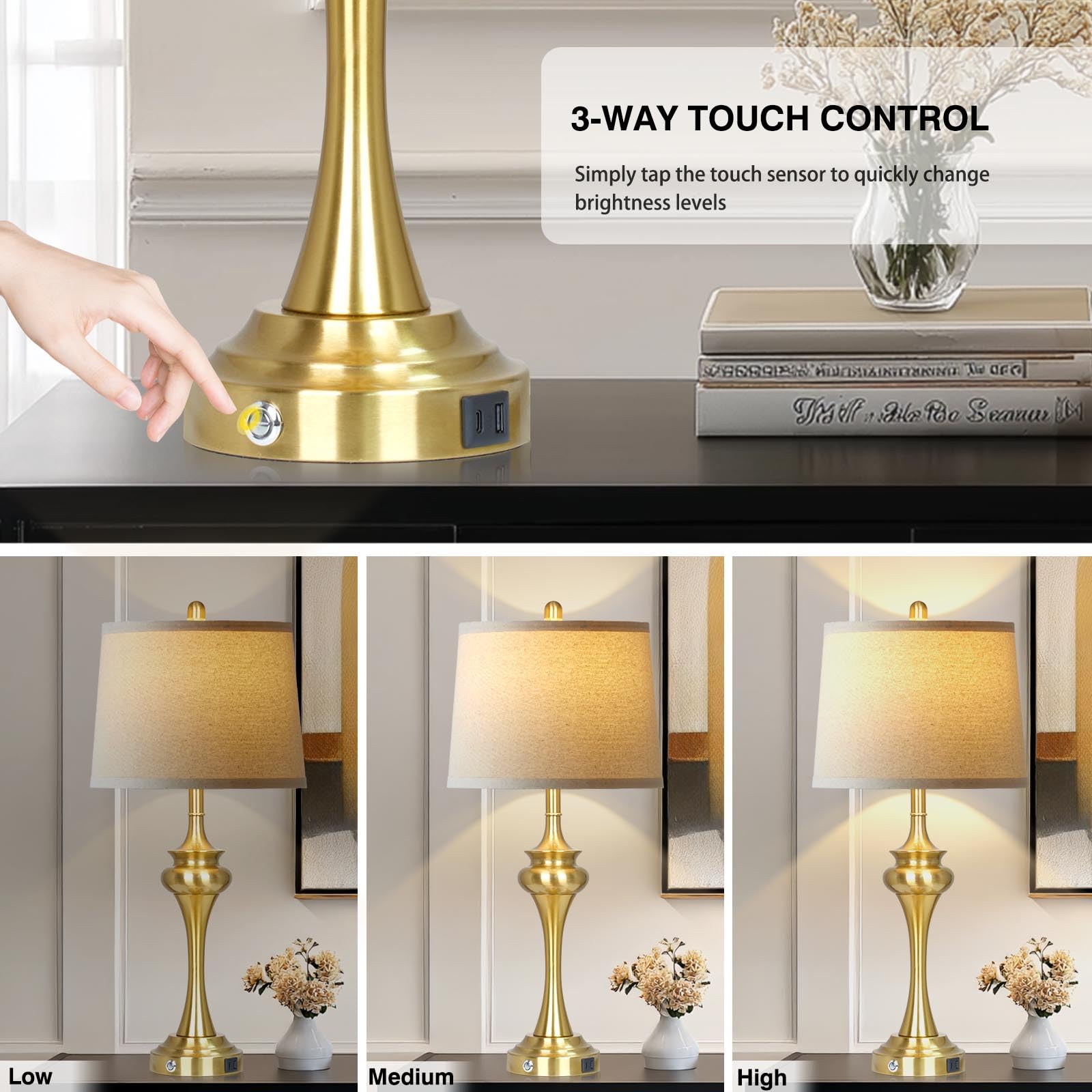 Rinweey 30in Gold Metal Touch Control Table Lamp Set of 2 with USB Ports, Modern Bedside Lighting, Model TD-RW-626