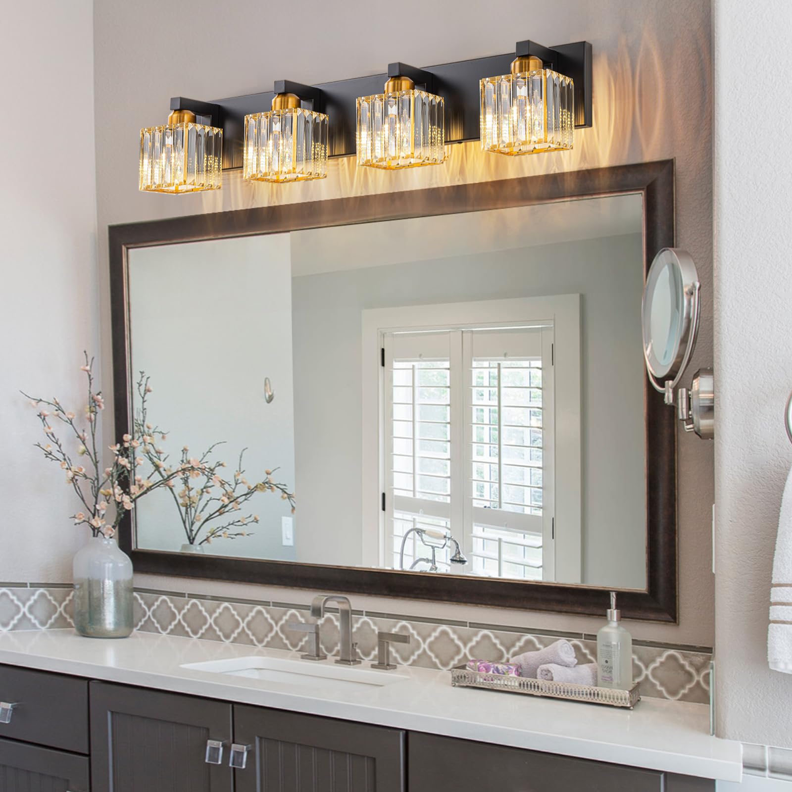 HUOKU Bathroom Vanity Light, 4-Lights, Black Gold Square Shade, Metal & Crystal, Model HUOKU-B01H35Z14G