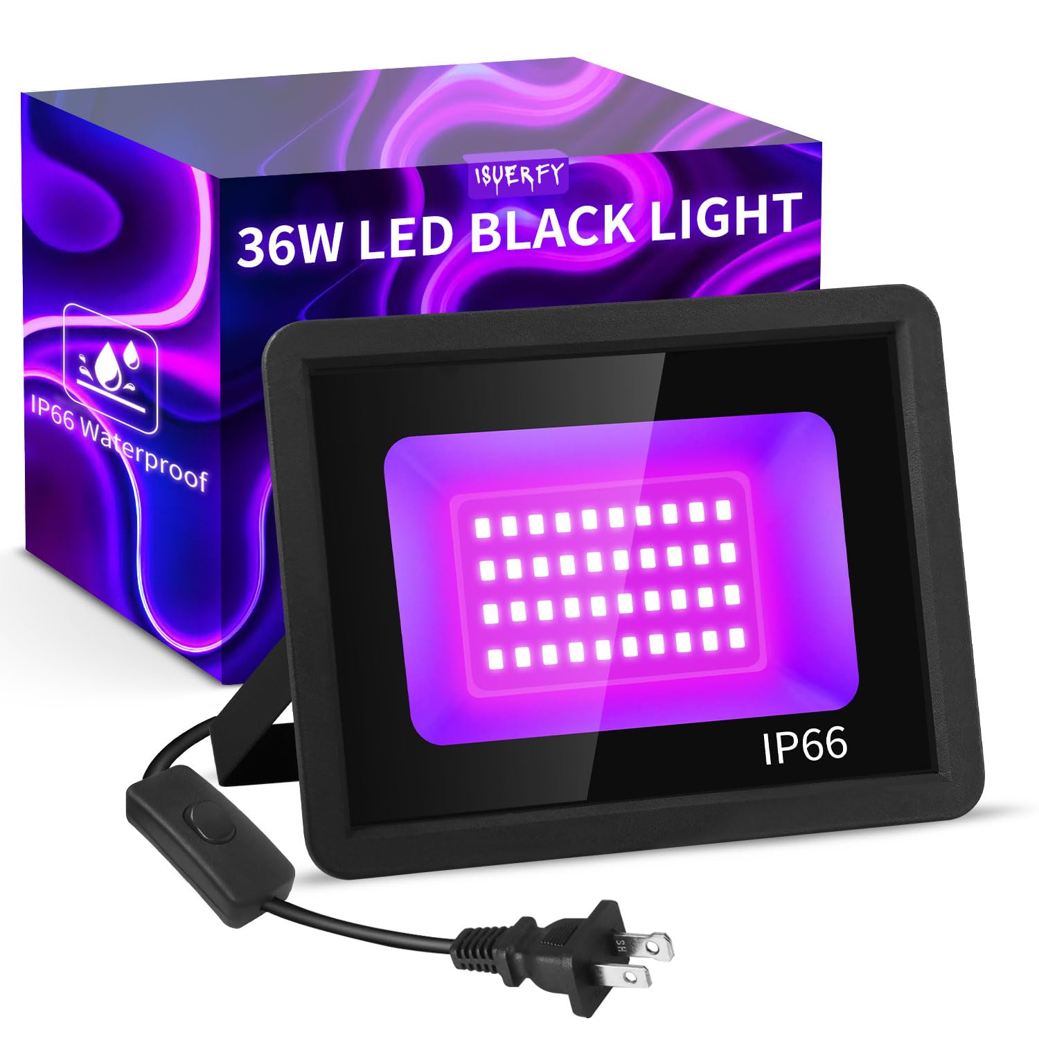 36W LED Black Light IP66 Waterproof, Outdoor Blacklight Flood Light with Plug+Switch+Cord, Light Up 22x22ft, for Neon Glow in The Dark Party Body Paint Fluorescent Poster Classroom Bedroom Halloween