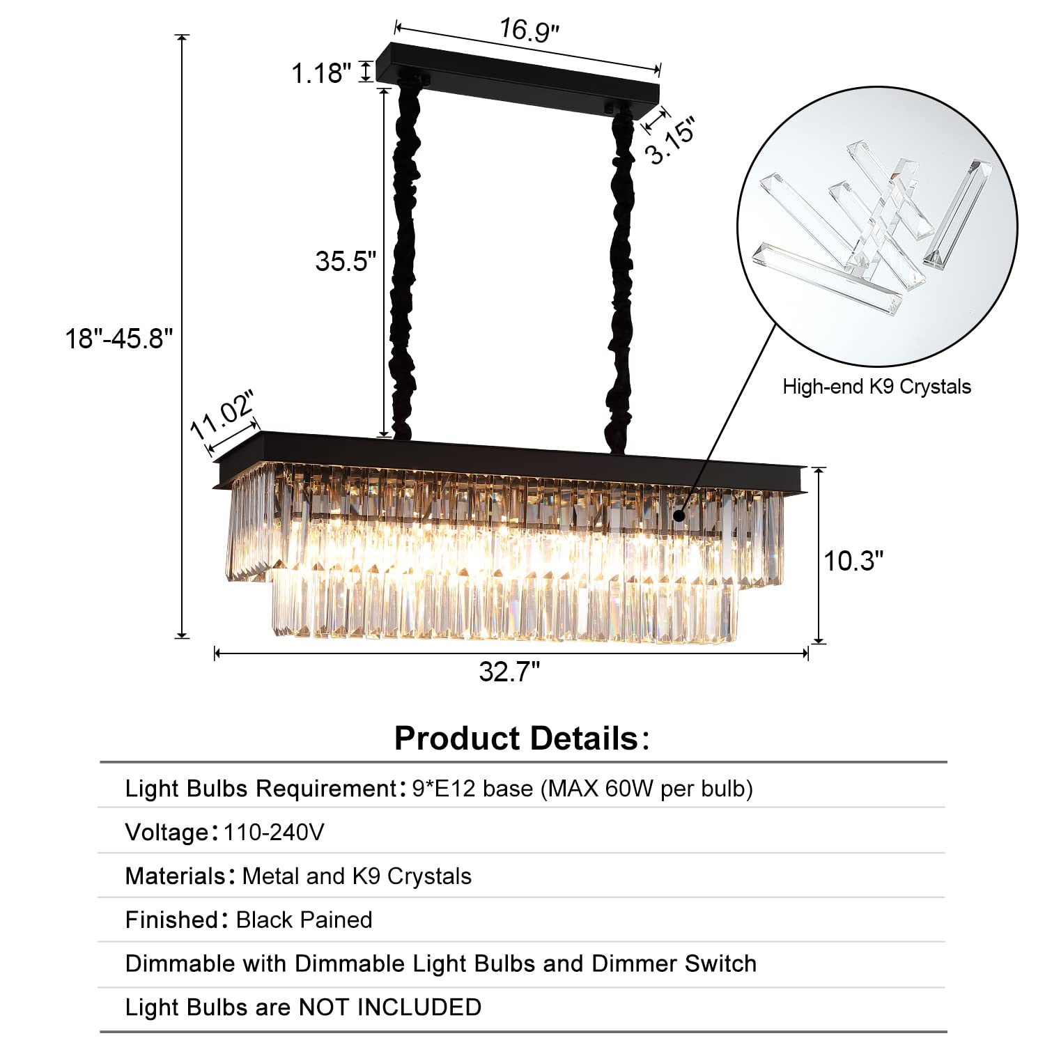 A AXILIXI Rectangular Black Crystal Chandelier, 33” Stainless Steel Pendant Light for Dining Room & Kitchen Island