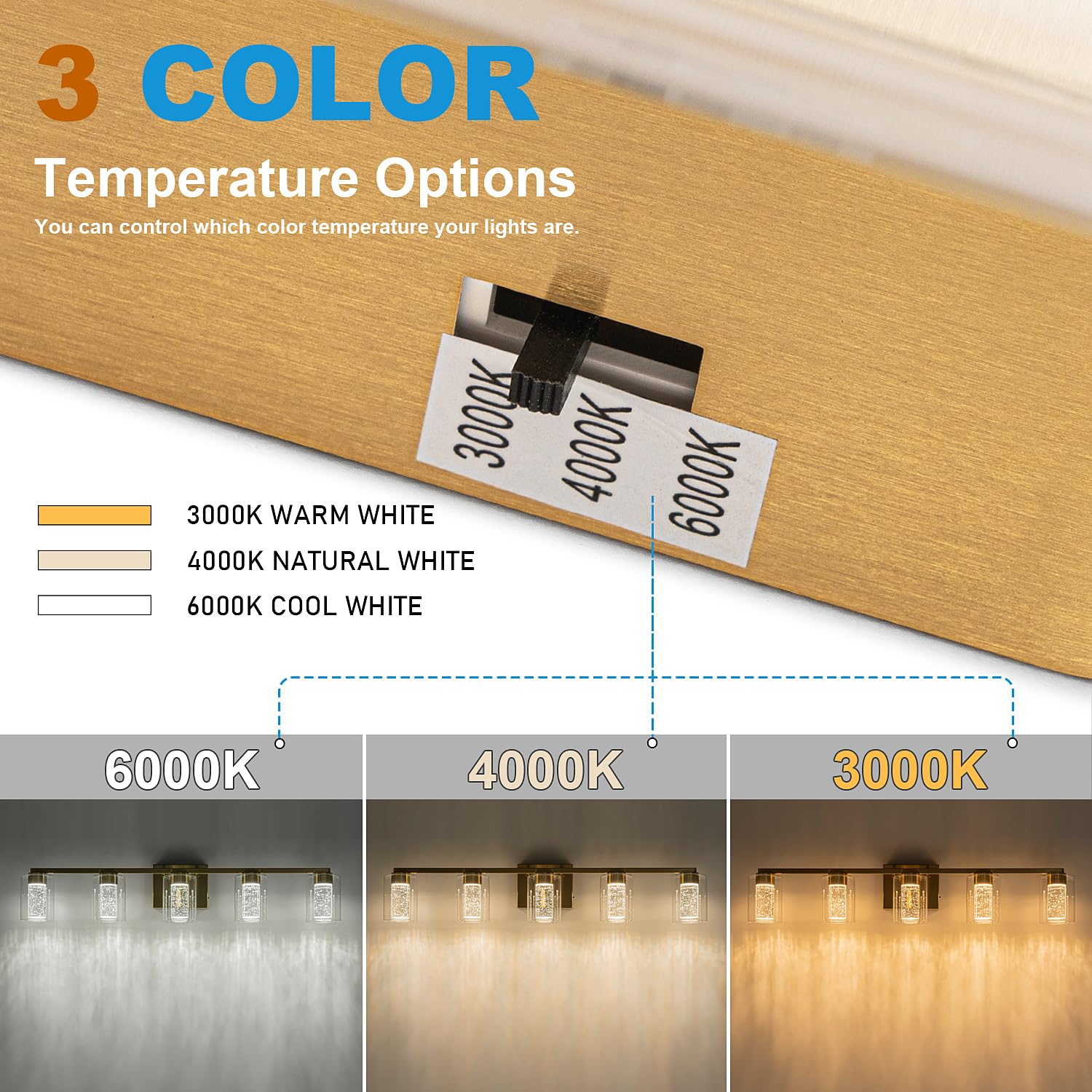SineRise 5-Light Gold Vanity Light, Dimmable LED Fixture with 3 Color Modes, Stainless Steel, Clear Glass Shade