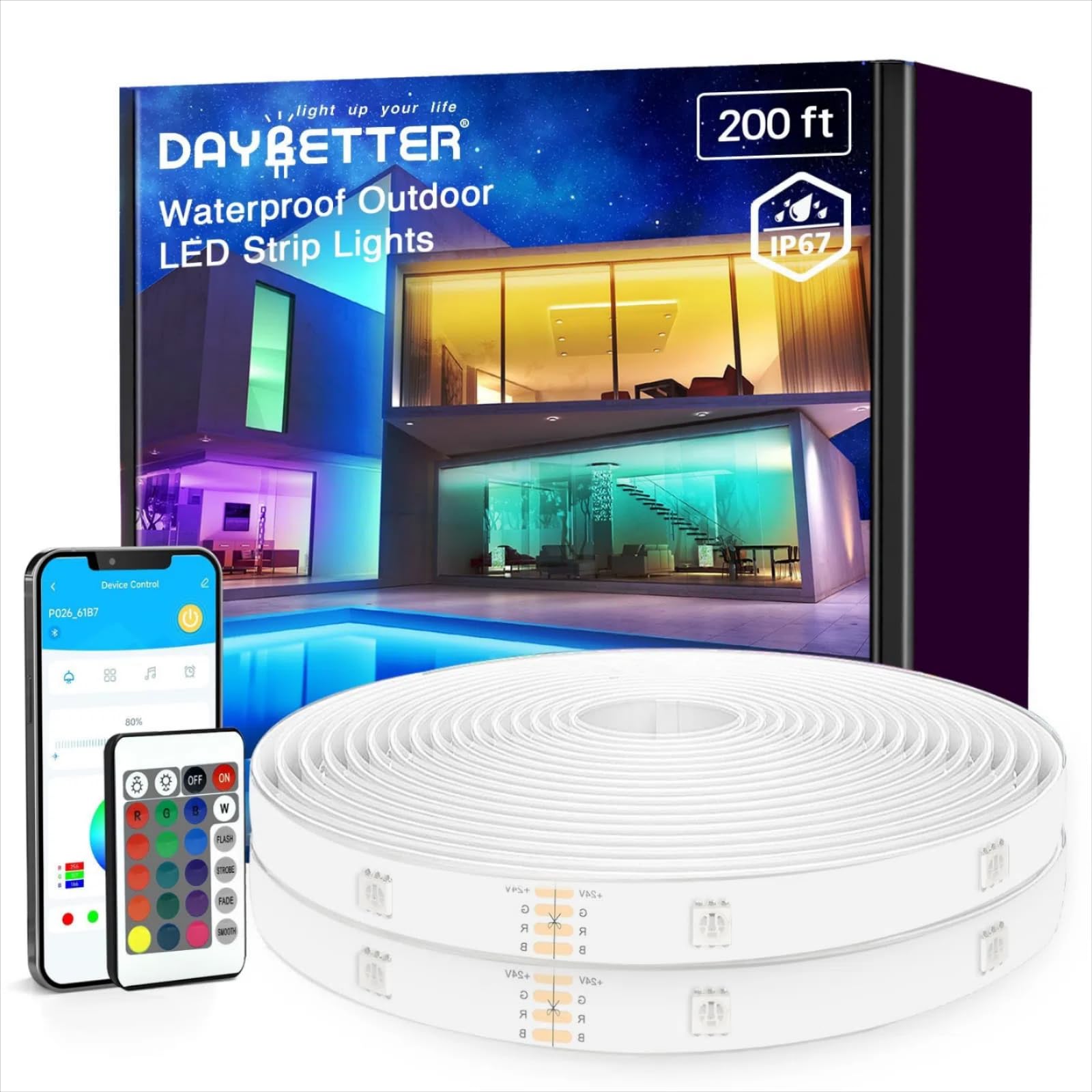 DAYBETTER 200ft Waterproof LED Strip Lights, RGB Color Changing with 24 Keys Remote, Ideal for Bedroom, Party, Holiday Decor