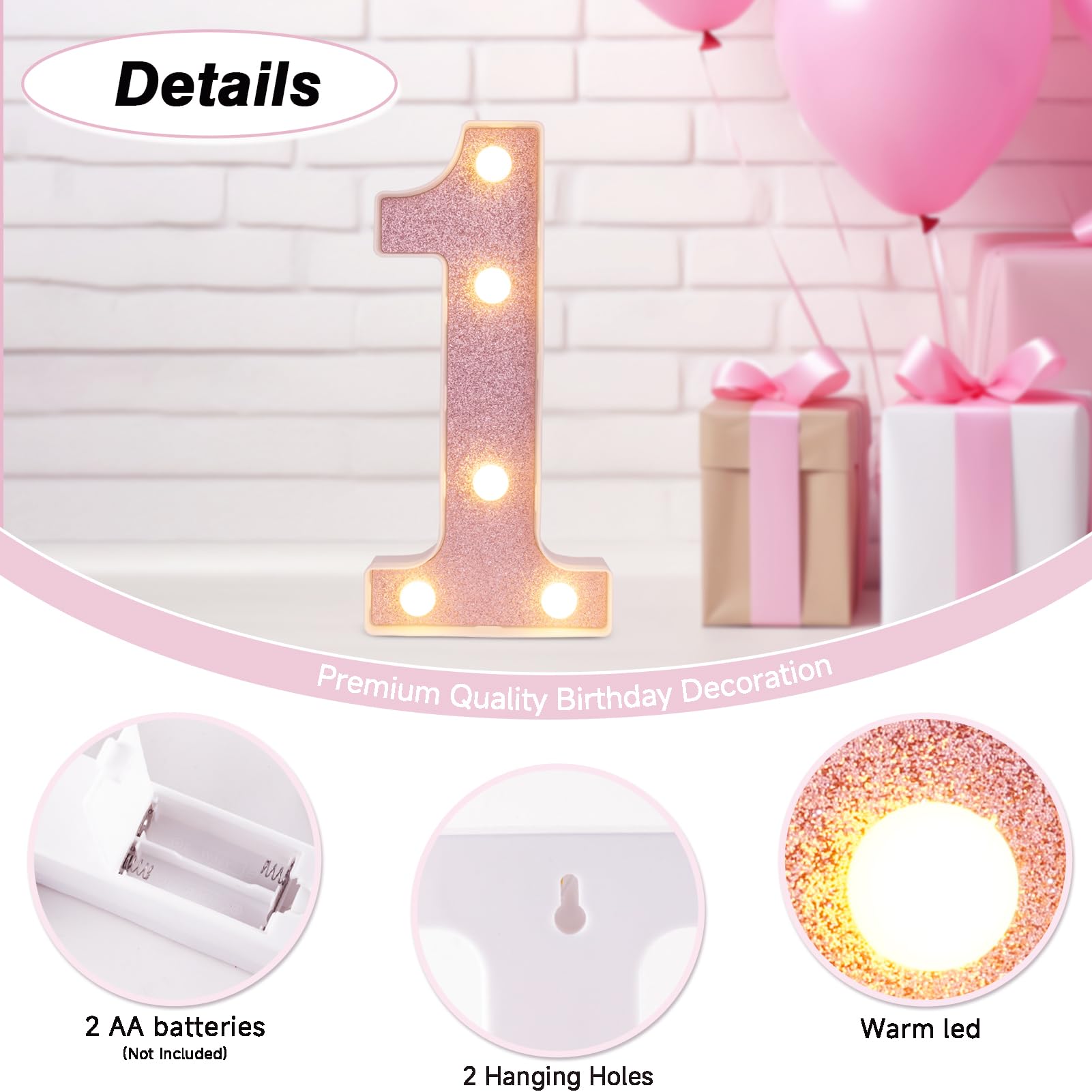 DyingSwan LED Marquee Number 1, 8.58 Inch Battery Powered Light Up Decor, Pink Glitter, Plastic Material