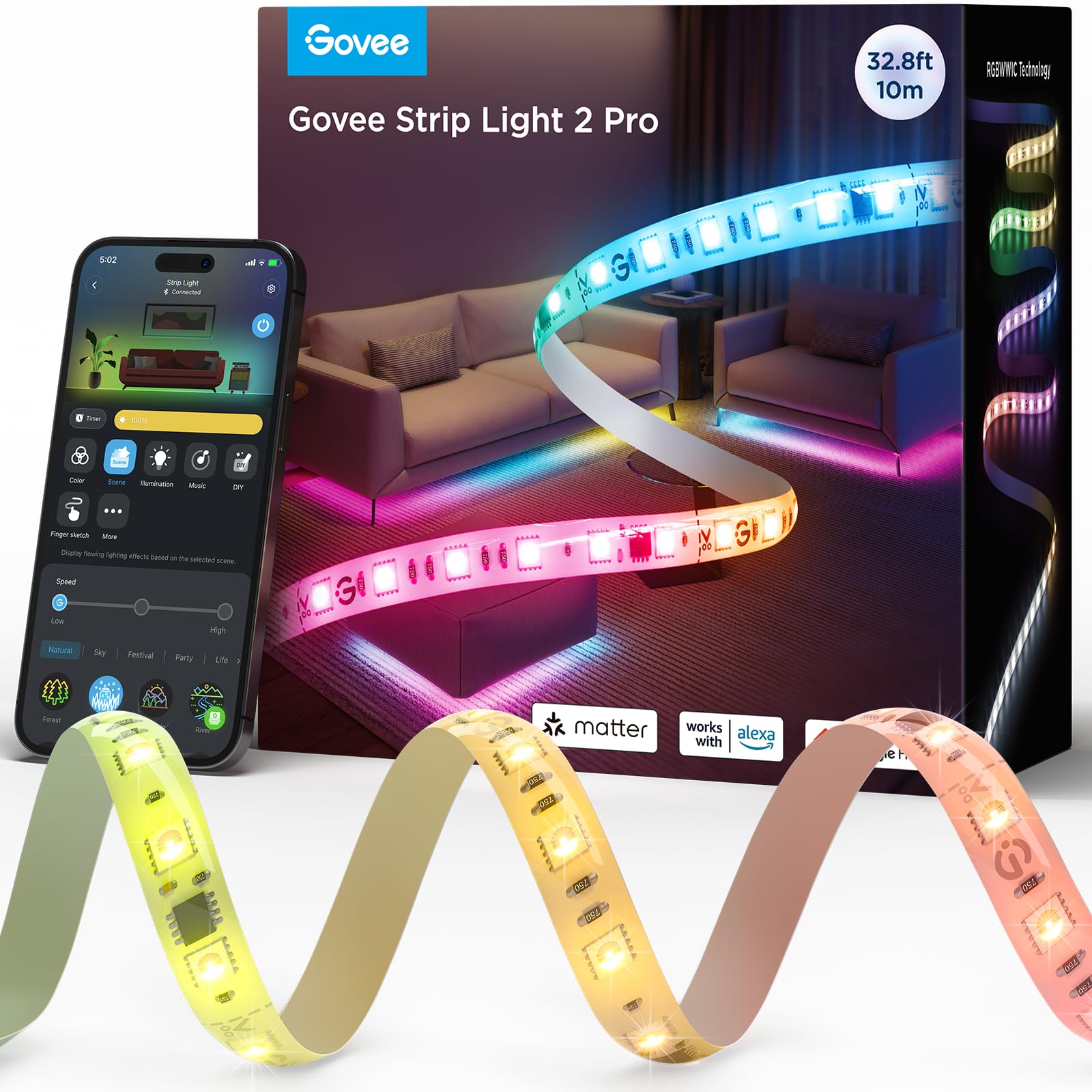 Govee RGBIC Strip Light 2 Pro with Matter, 32.8ft Wi-Fi LED Lights for Bedroom, Cabinet, Party, TV and Gaming Desk, Smart Led St