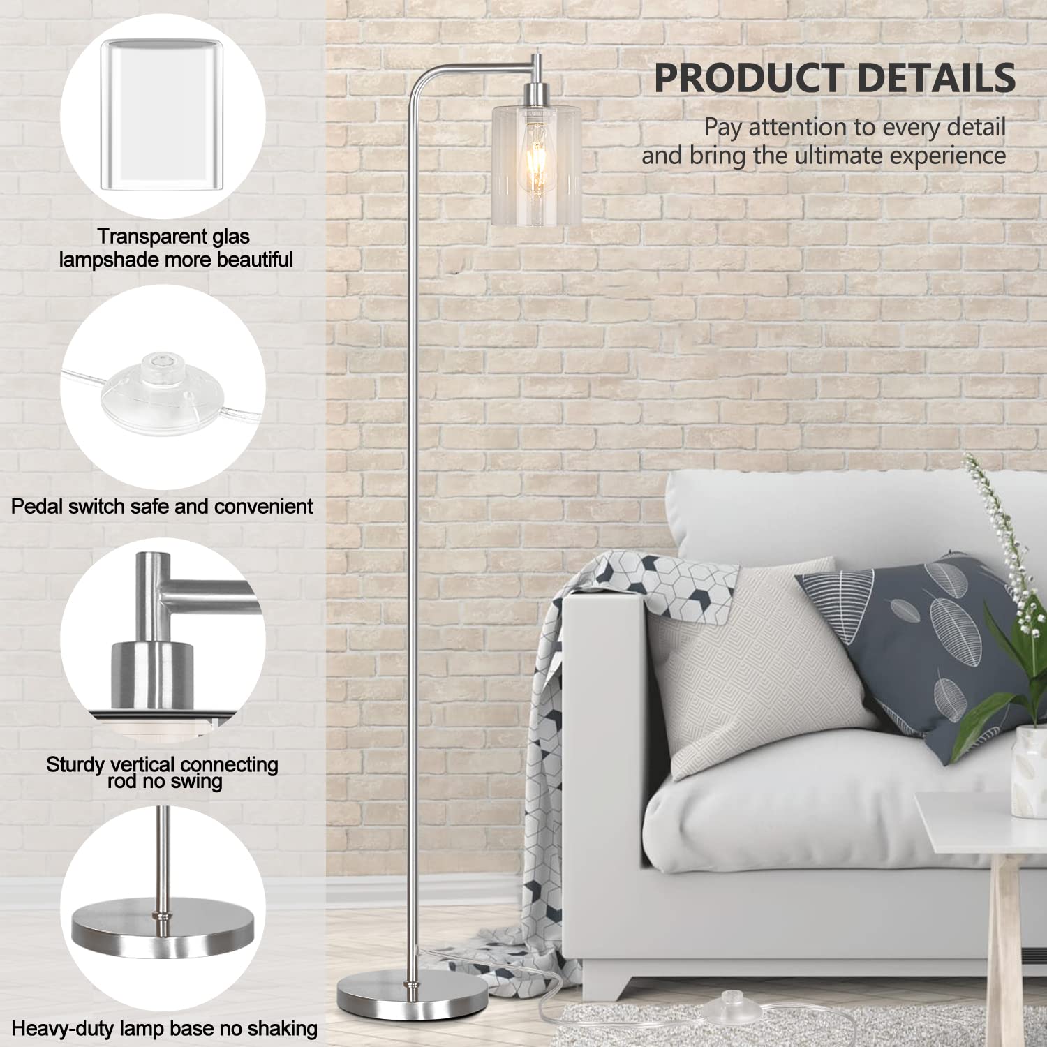 Qimh Industrial Floor Lamp For Living Room, Modern Standing Lamp With Hd Glass Lampshade And Pedal Switch, 67Tall Pole Light For