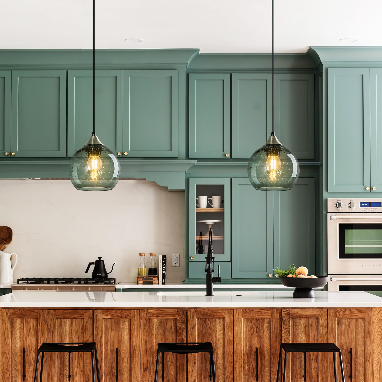 LBSQJ Glass Pendant Lights, 5.9in Gray Green Globe Fixtures, Modern Lighting for Kitchen Island, Bedroom, Dining Room, 3-Pack