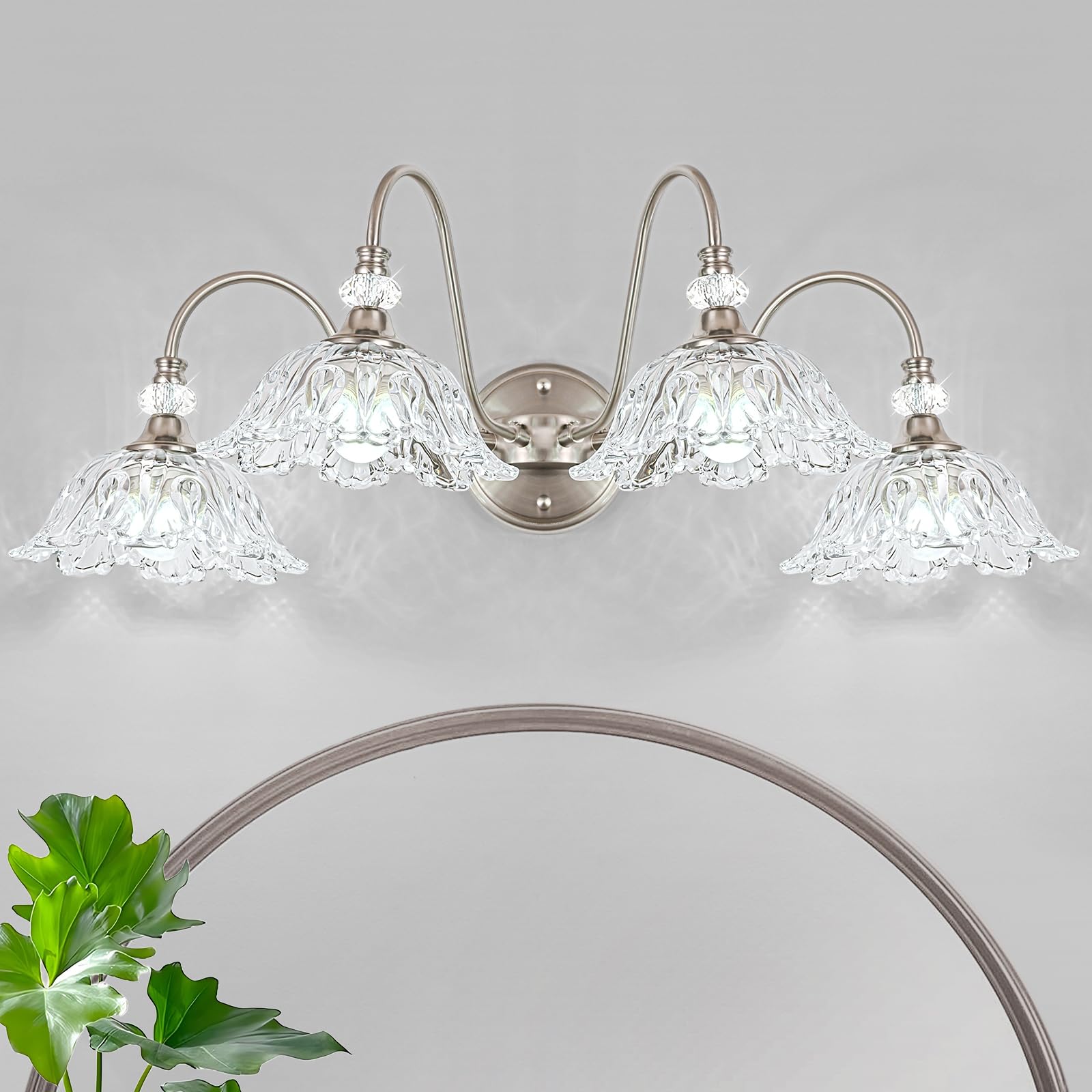 Brushed Nickel Bathroom Vanity Light  4-Light Vanity Light With Floral Clear Glass Shades  Brushed Nickel Wall Mount Lighting For Bathroom  Dressing Table