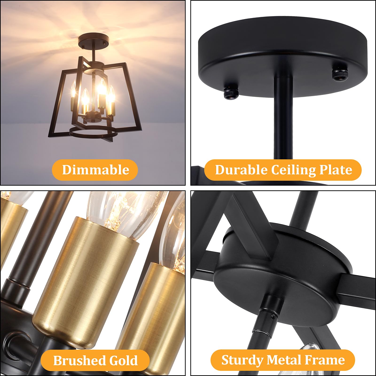 Toulmj 4-Light Ceiling Light Fixture, Farmhouse Semi-Flush Mount Ceiling Lighting, Black Gold Kitchen Light Fixture For Foyer, H