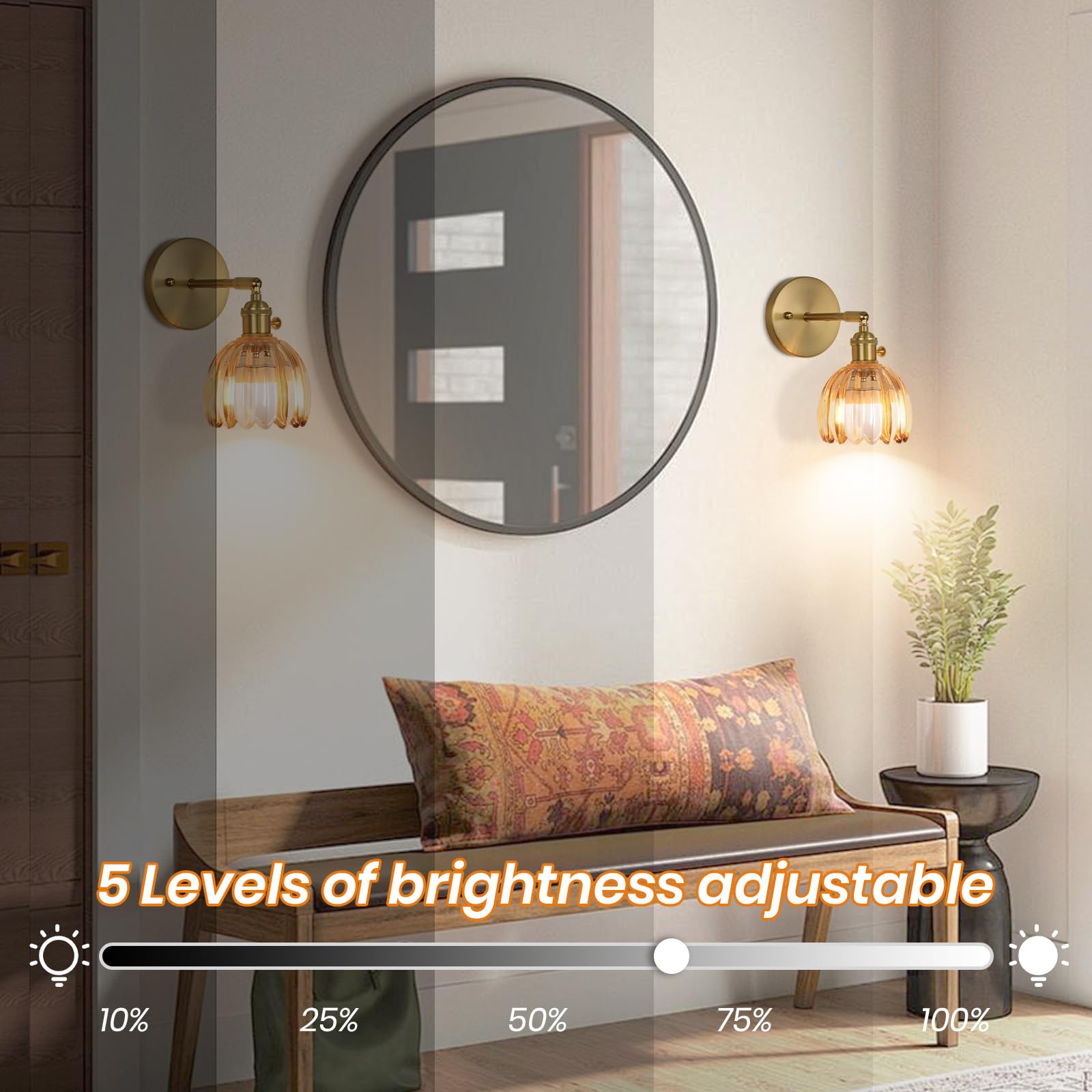 EIDEARAY Battery Operated Wall Sconce, Vintage Amber Tulip Glass, Remote Control, Model YLC-BRO3TB, Ideal for Bedroom and Living Room