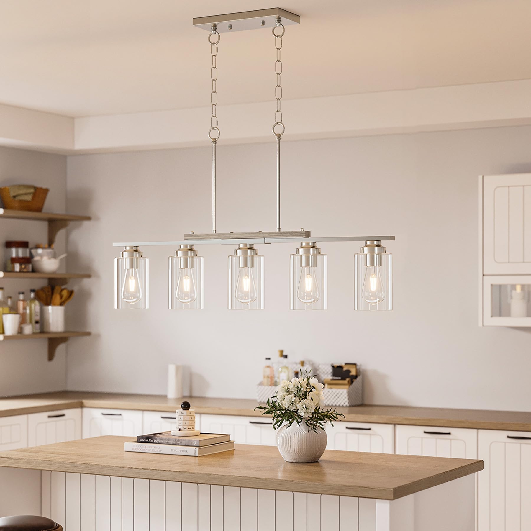 Vonluce Kitchen Island Lighting  5-Light Dining Room Light Fixture Over Table With Glass Shade And Adjustable Rods  Farmhouse Linear Chandelier For Kitchen Island  Brushed Nickel  Etl Certificated