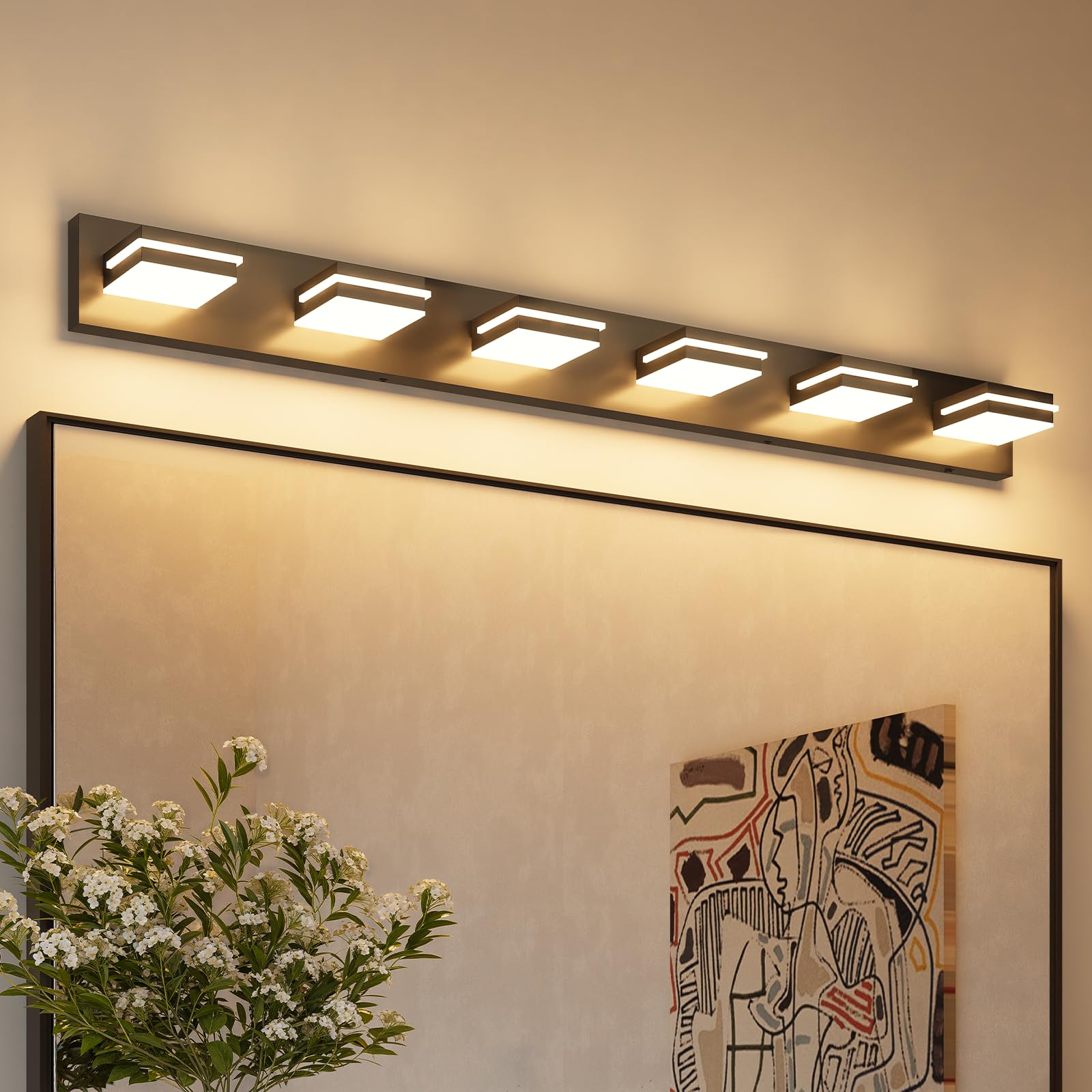 VOLISUN Bathroom Light Fixtures, 6-Light, 48-Inch, Dimmable, 5CCT, Black, Model 9553F, ETL Certified