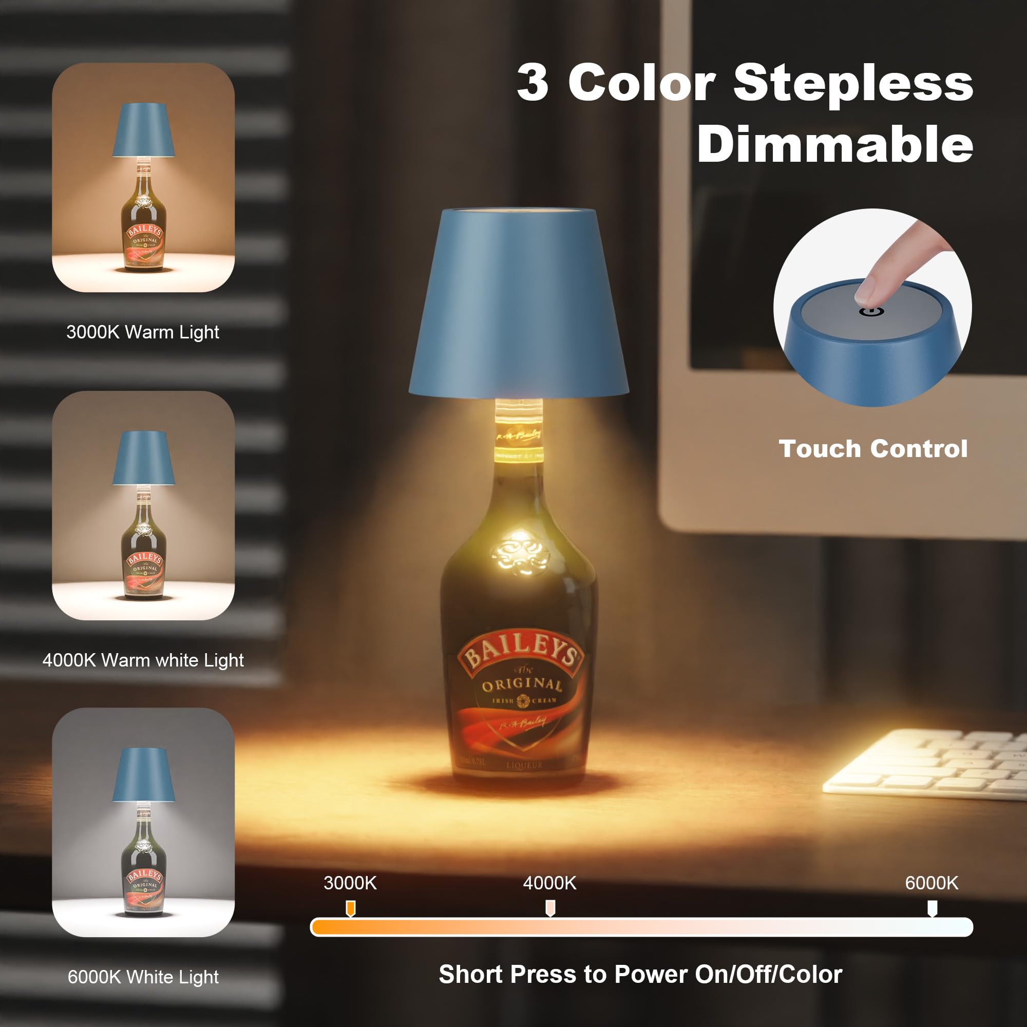 ULAROOM Wireless LED Table Lamp, Rechargeable USB-C, Dimmable Touch, Aluminum, Small Size, Blue