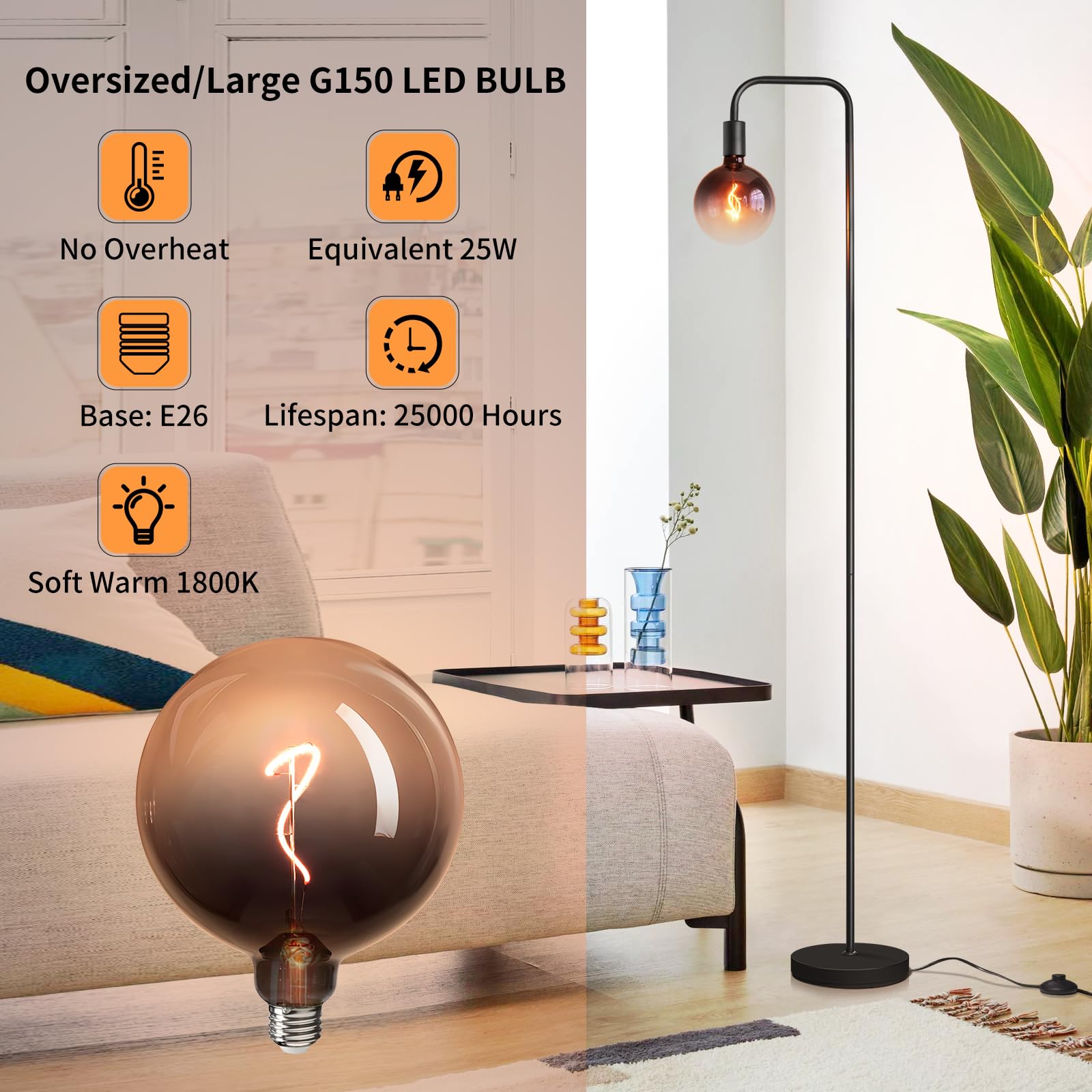 Onewish Floor Lamp For Living Room - Minimalist Industrial Standing Lamp With Modern Led Bulb, Globe Black Clear Glass 6'', 1800