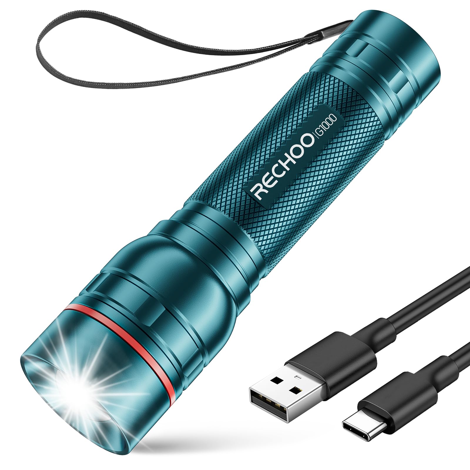 RECHOO Rechargeable Flashlight 1 Pack  Bright Military Grade Torch Light High Lumens with Adjustable Focus & 3 Lighting Modes  Lightweight Waterproof Led Flashlight for Camping Home  Teal Blue