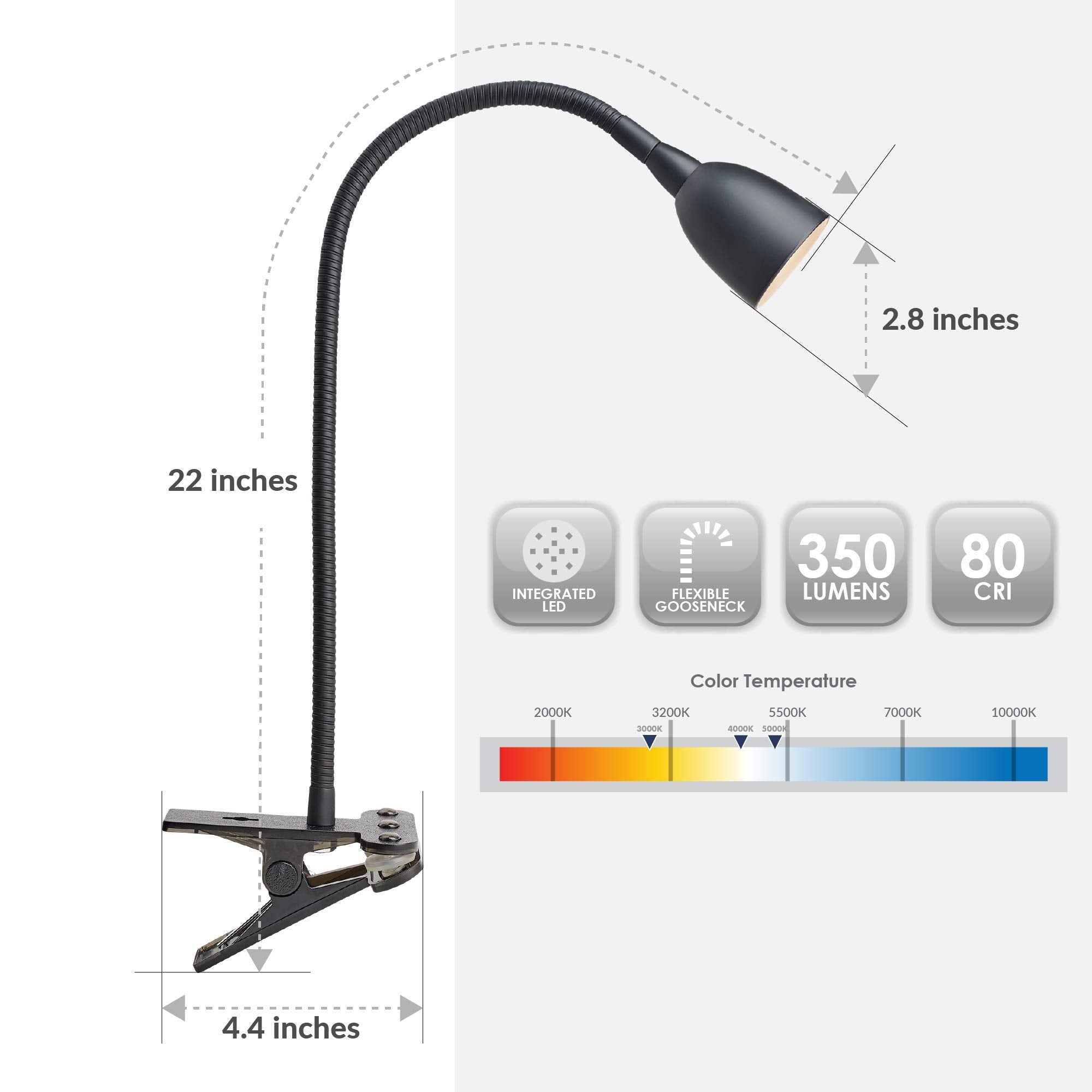 Newhouse Lighting LED Clamp Light Desk Lamp, Flexible Gooseneck, 3 Brightness Levels, 3 Color Modes, Black, Model NHCLP-OL-BK