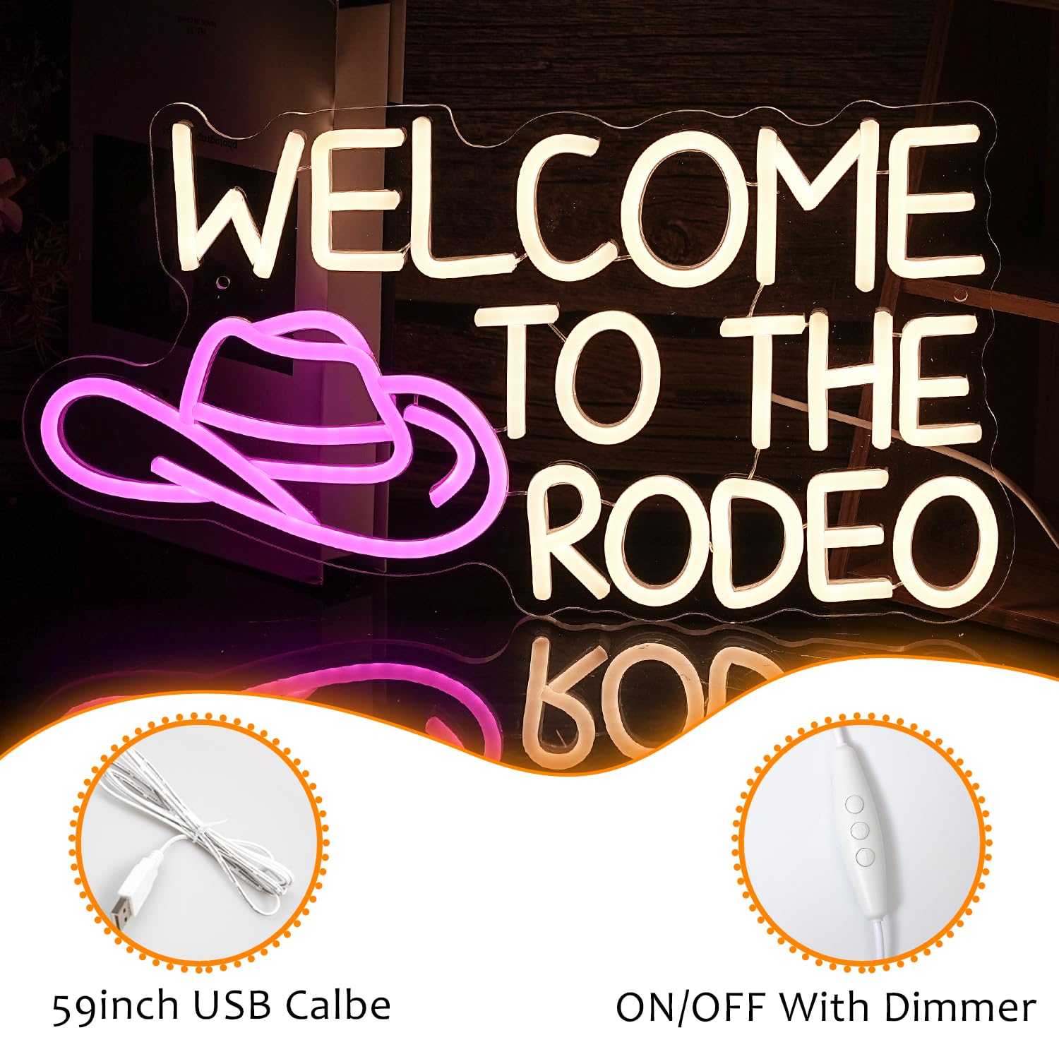 LISIGNVE Welcome To The Rodeo Neon Sign, Dimmable LED Wall Decor, Warm White Pink, Silicone, Cowboy Gift for Men and Women