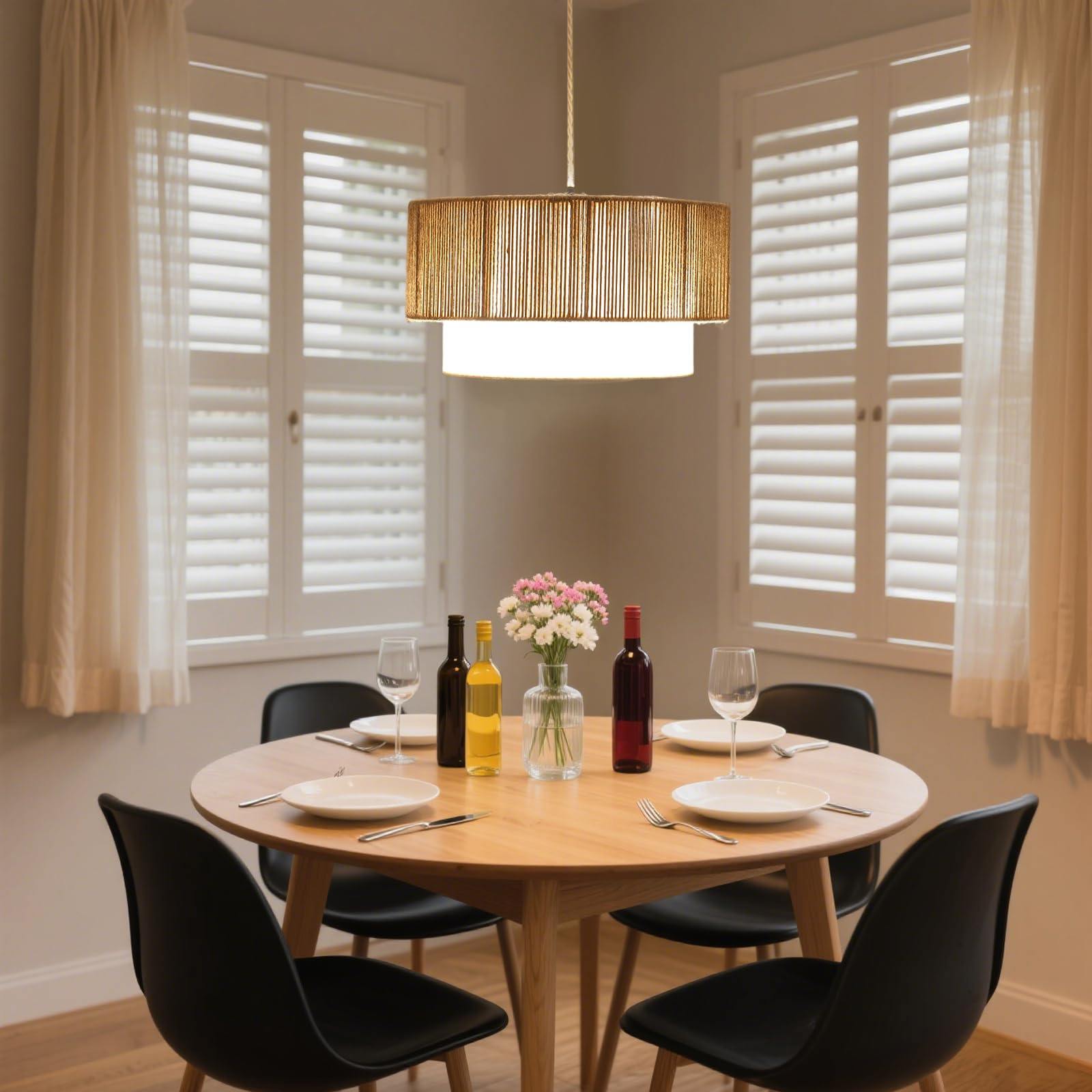 Kirahee Plug in Pendant Light, 18in Rattan Chandelier with Fabric Shade, E26 On/Off Switch, 3-light for Dining Room, Living Room, Kitchen