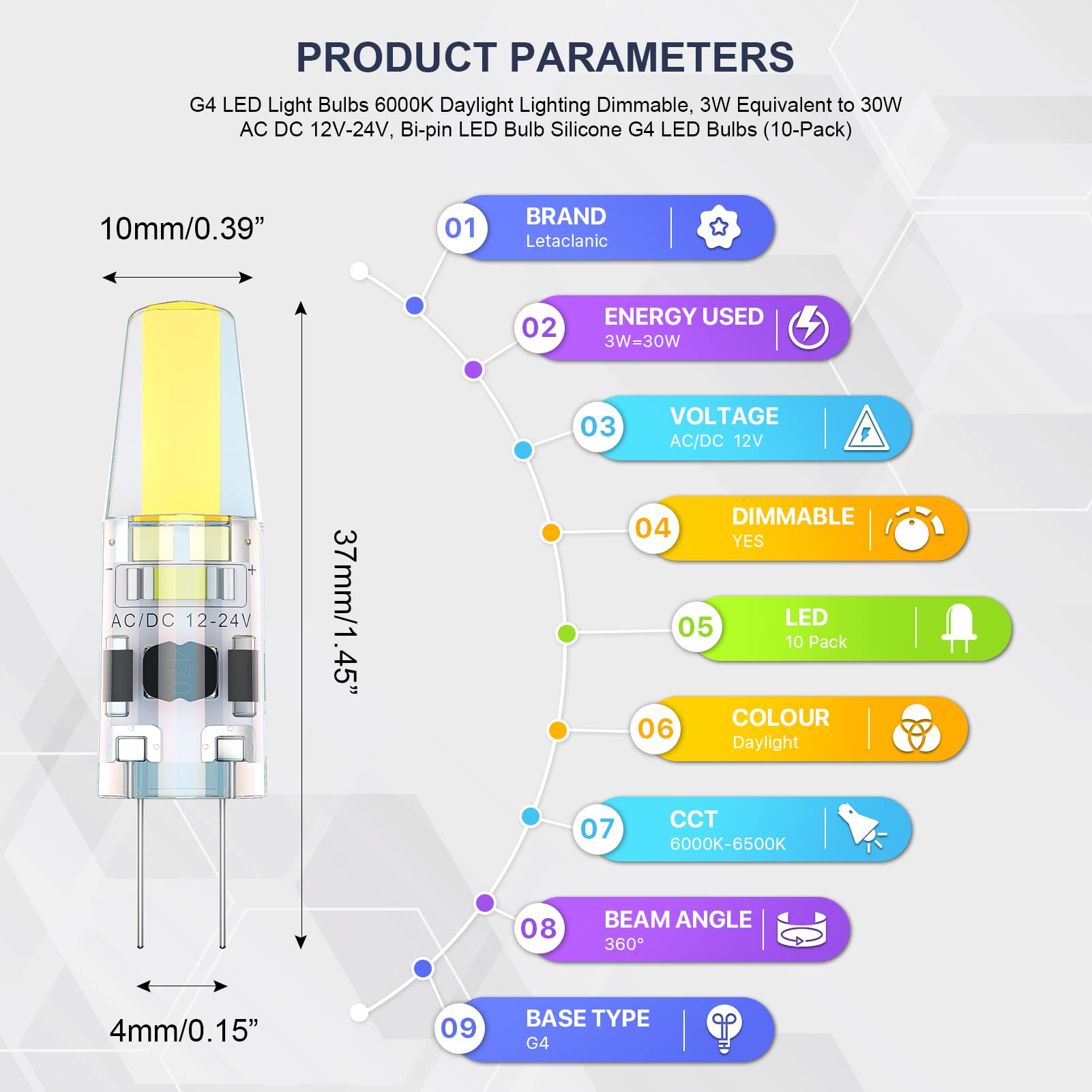 Letaclanic G4 LED Bulbs 6000K Day Light Dimmable, 3W (30W Equivalent), 10-Pack Bi-pin Silicone