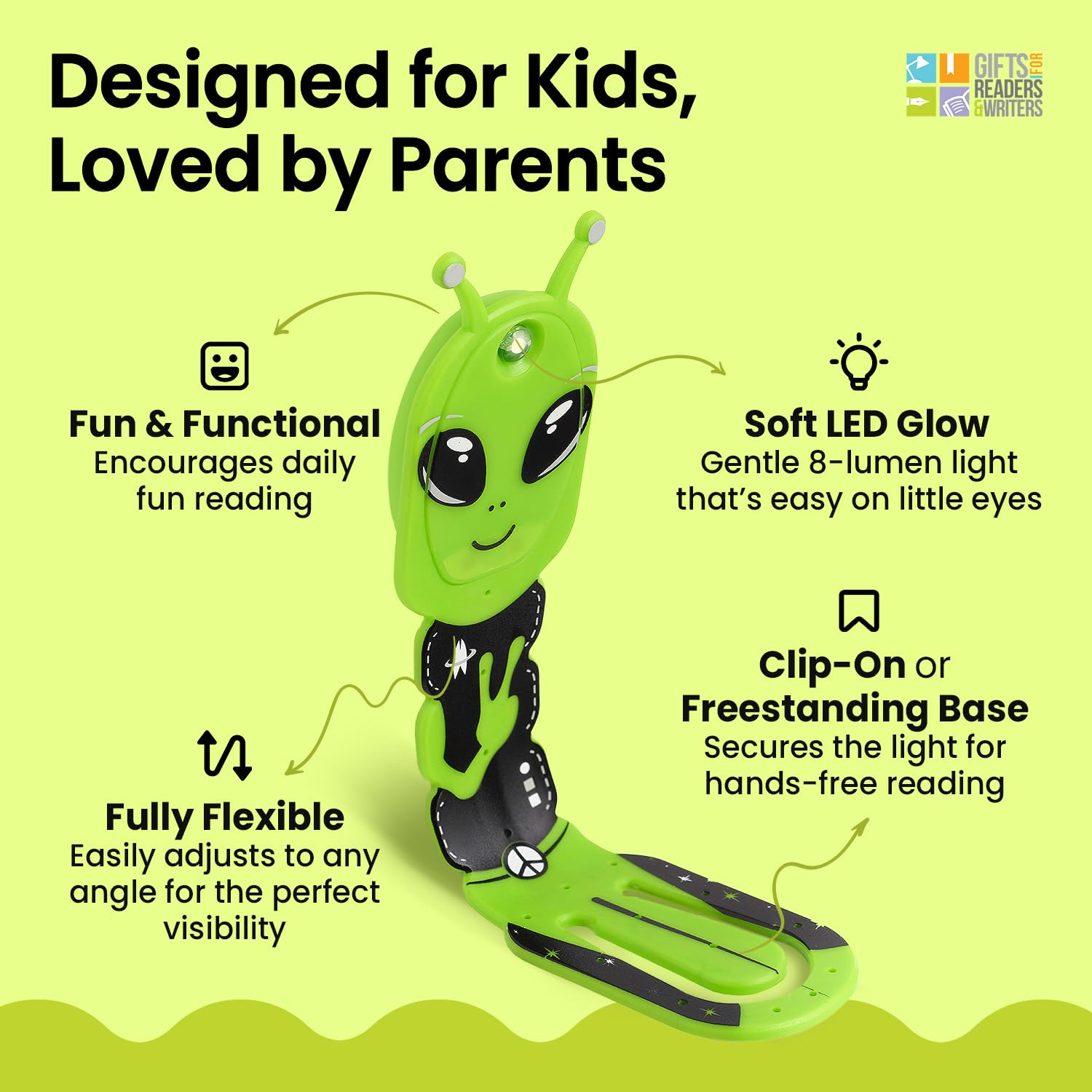 Gifts for Readers & Writers Flexilight Pal 2-in-1 LED Reading Light, Portable Bookmark & Clip-On Lamp, Battery Operated, Alien Green