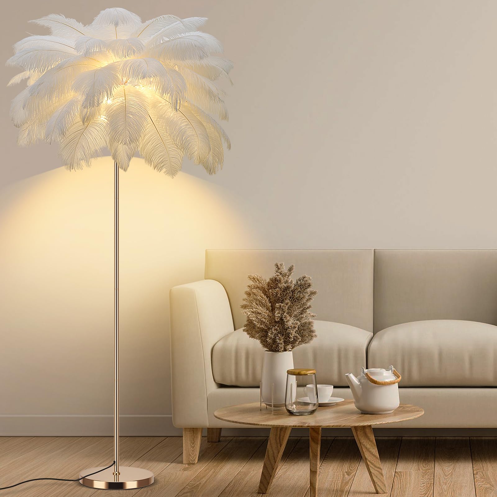 Fivemengo Feather Floor Lamp - Modern Arc Design, 3 Color Temperatures, Rose Gold Body, Includes Bright LED Bulbs, White