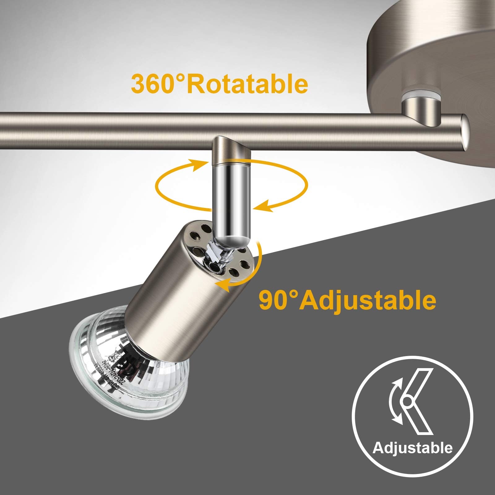 Ascher 4-Light Led Track Lighting Kit, Flexibly Rotatable Light Heads, 4 Way Ceiling Spotlight Matt Nickel Finish, Including 4 G