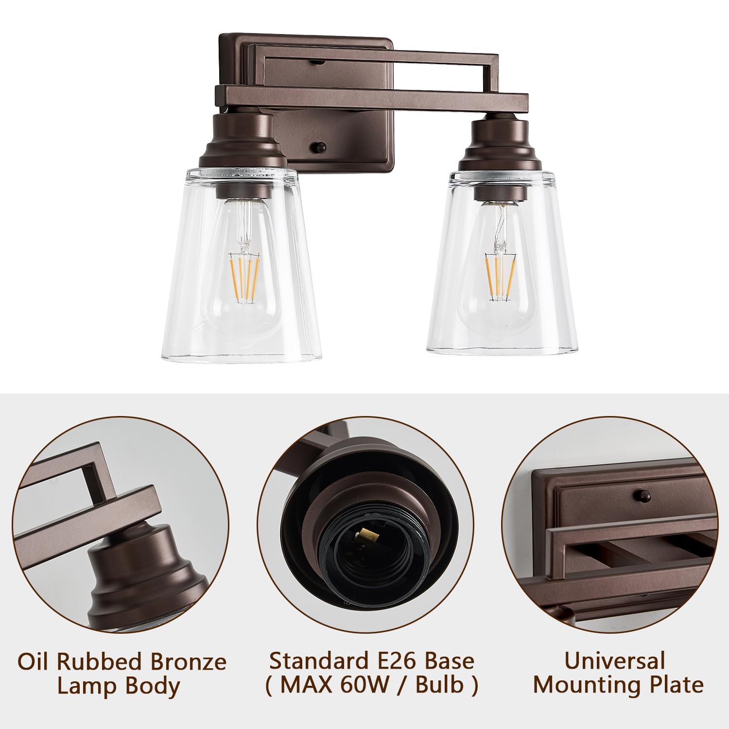 Refice 2-Light Bathroom Vanity Lights Oil Rubbed Bronze Metal Wall Sconces with Clear Glass Shades Model FCW003-2-ORB
