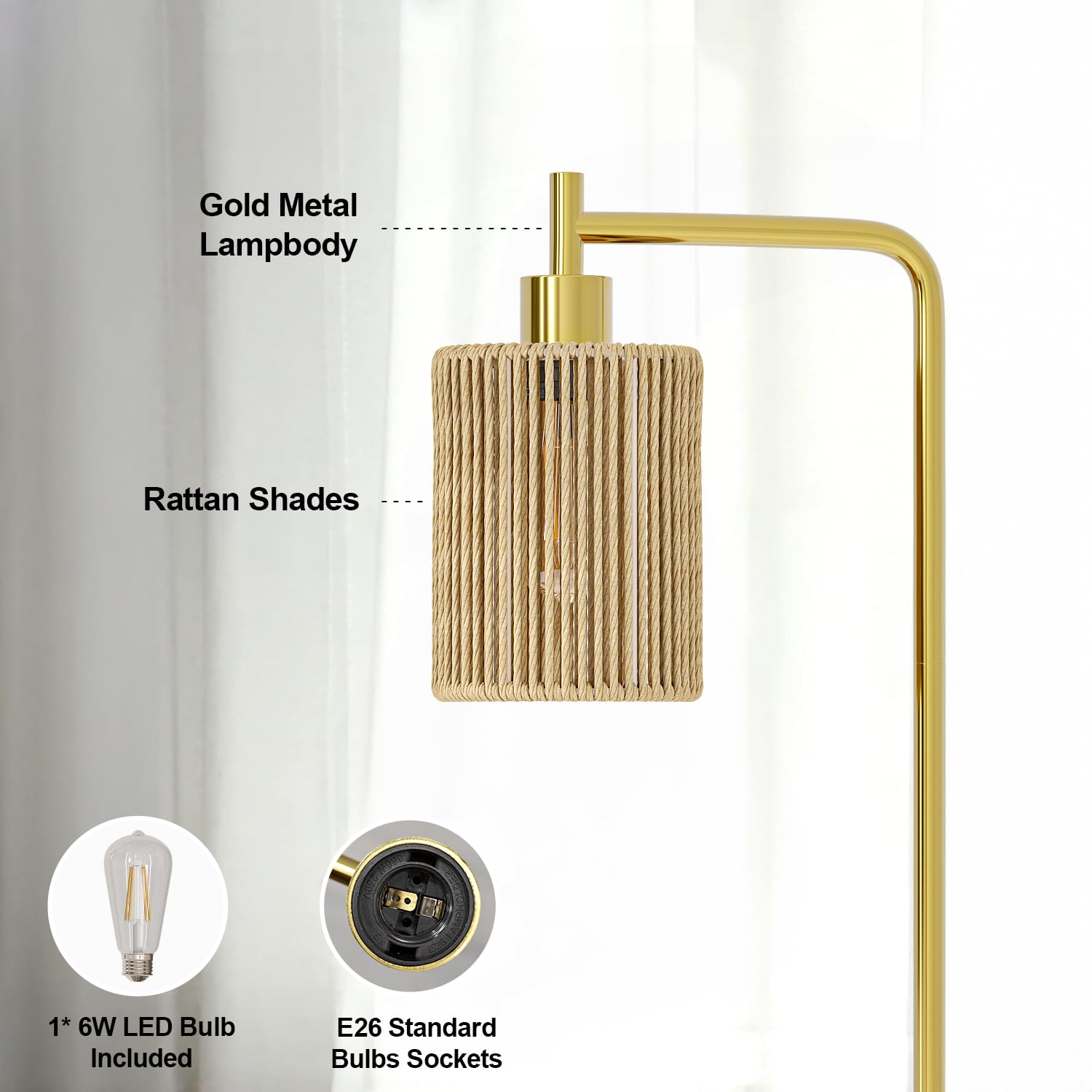 Oneach 66" Gold Floor Lamp, Boho Rattan Shade, Industrial Design, Model MZ-F1222, Perfect for Living Room, Bedroom, Office