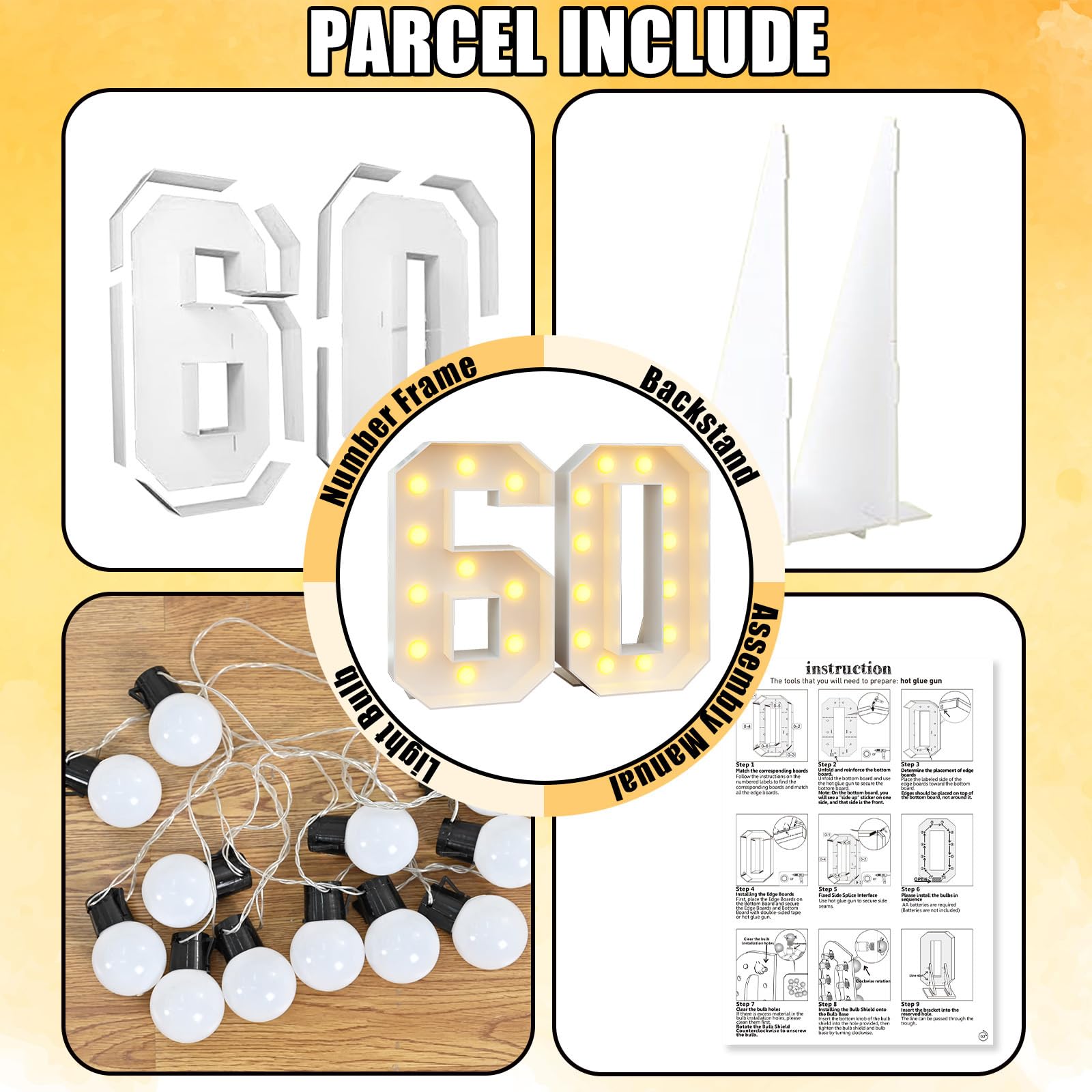 4Ft Light Up Numbers 60 Large Numbers With Lights Bulbs White Marquee Frame For Men Women 60Th Birthday Party Decorations Pre-Cut Mosaic Cardboard Giant Cut-Out Thick Foam Board Sign Anniversary