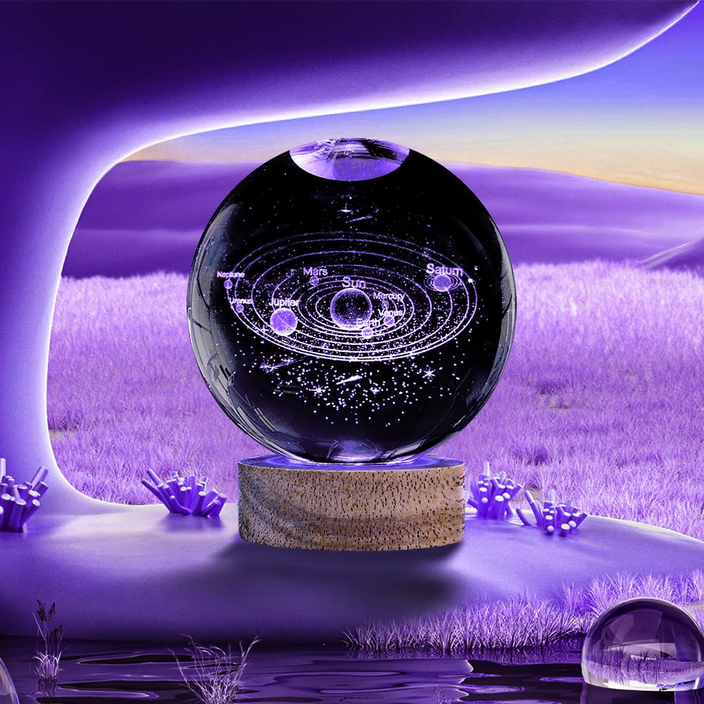 Oriamde 3D Solar System Crystal Ball Night Light, 3.15" Glass Lamp with 16 Color Change, Wooden Base & Remote, Ideal Space Gift for Kids