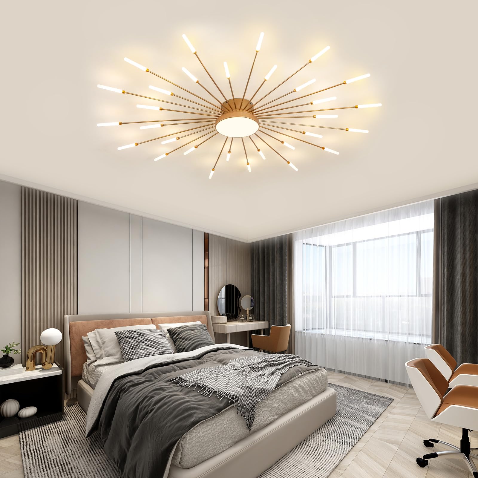 Ziidoo Modern Ceiling Light 30+1 Lights Metal Firework Designed Chic Led Lighting Fixture For Farmhouse Kitchen Dining Room Bedroom Hallway Living Room (Gold And Dark Gold)