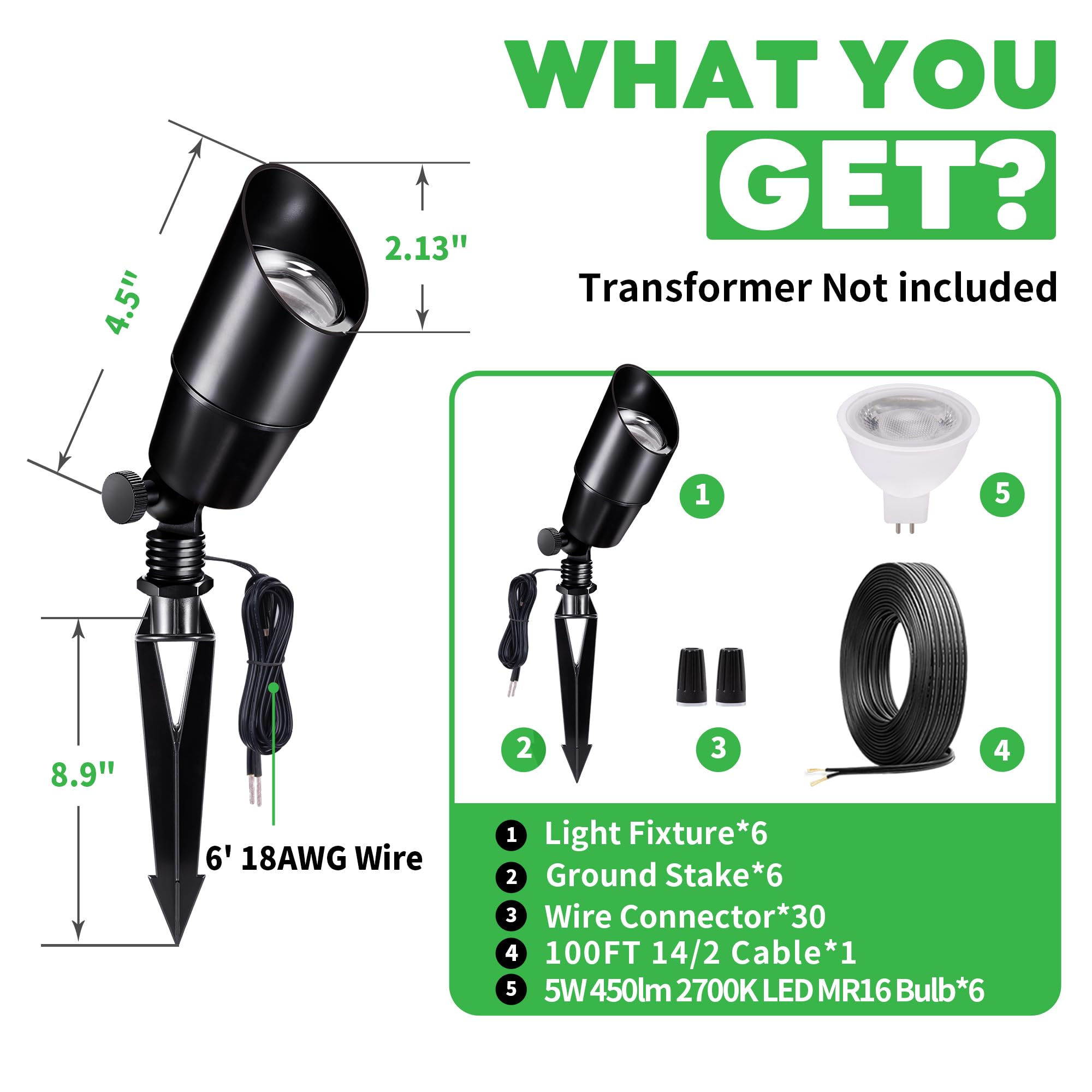 Varmtalys Led Outdoor Spotlights Kit, With 6 Pack Black Low Voltage Waterproof Spot Light And 100Ft Cable And 30 Wire Connectors