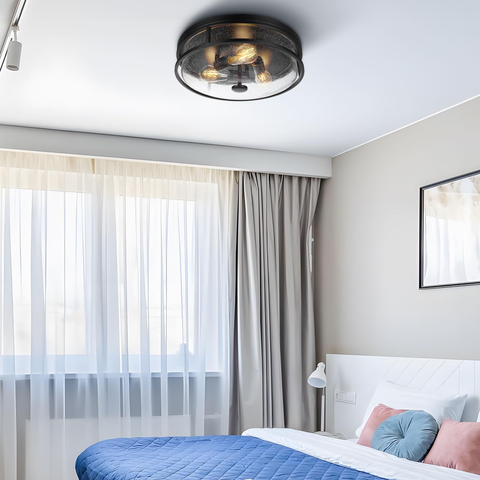 Rosient 16&quot; Black Flush Mount Ceiling Light Fixture, Seeded Glass, Modern Farmhouse Design