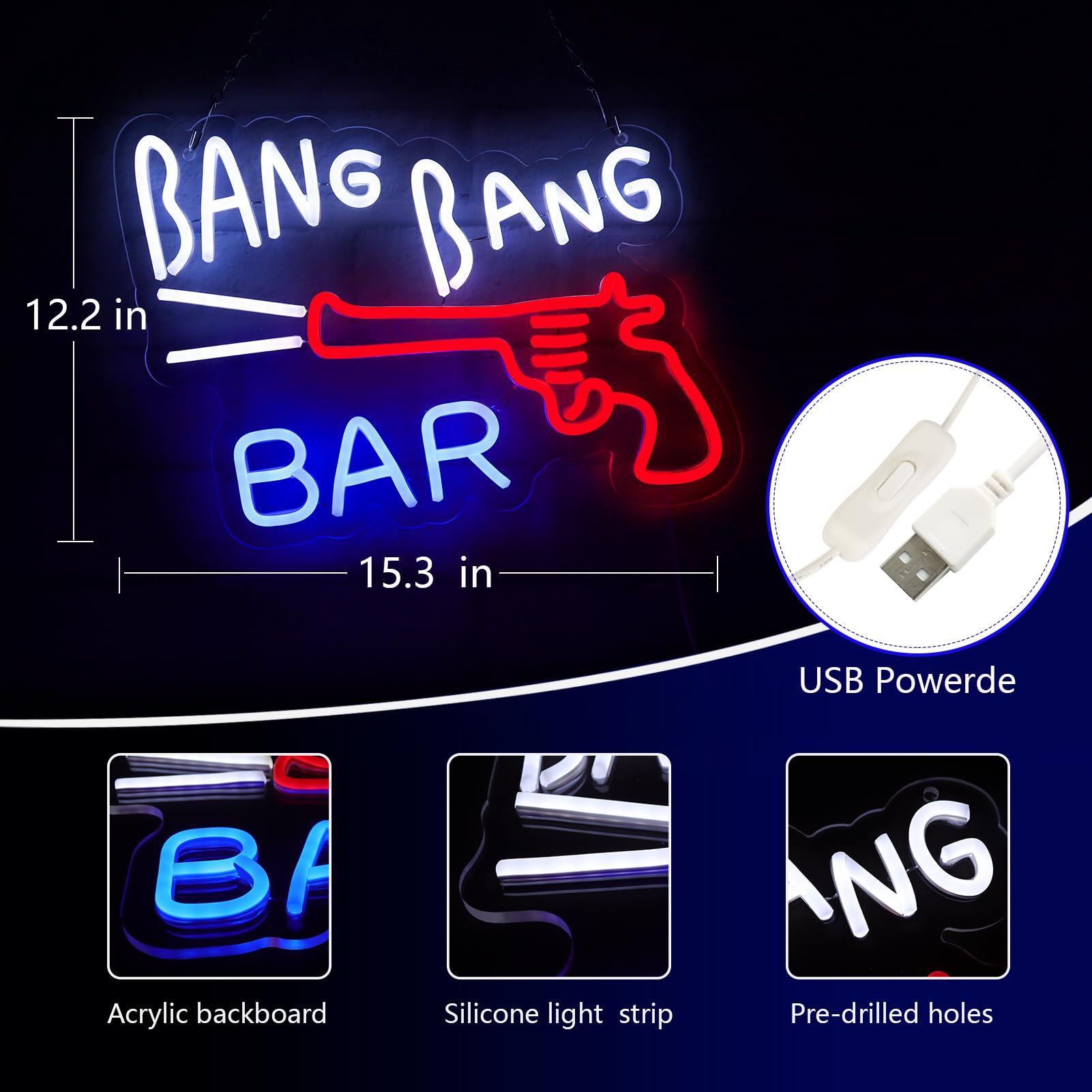 JFLLamp Neon Sign - BANG BANG BAR Wall Decor, 12.2x15.4 Inch, Blue/Red/White, LED Light for Bedroom, Pub, Restaurant, Christmas Gift