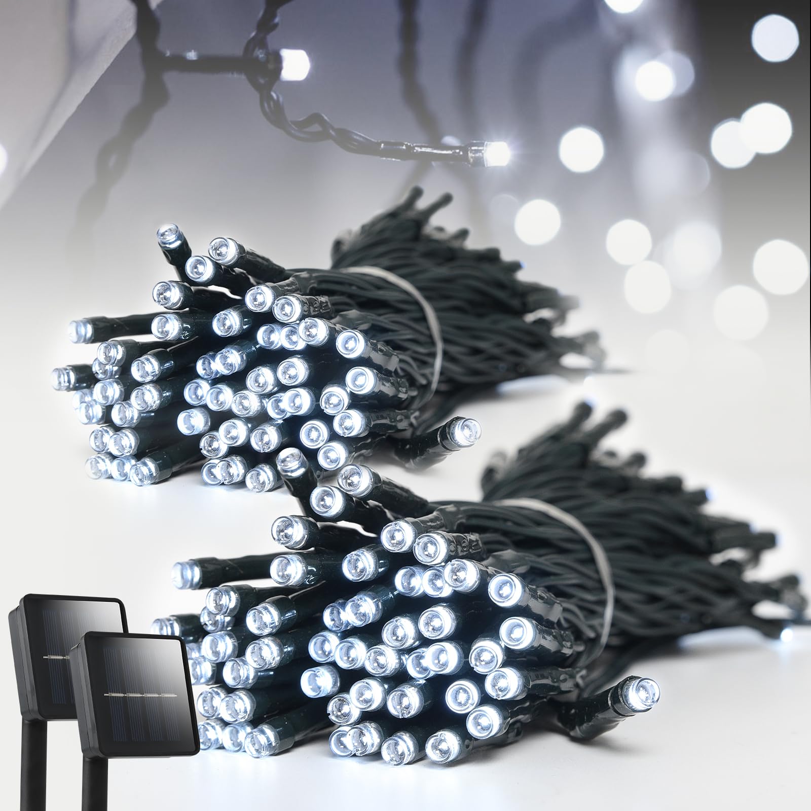 Solar String Lights 2 Pack 100ft Outdoor Waterproof 200 Led Fairy Lights 8 Modes - Ideal for Garden, Courtyards, Trees (Cool Whi