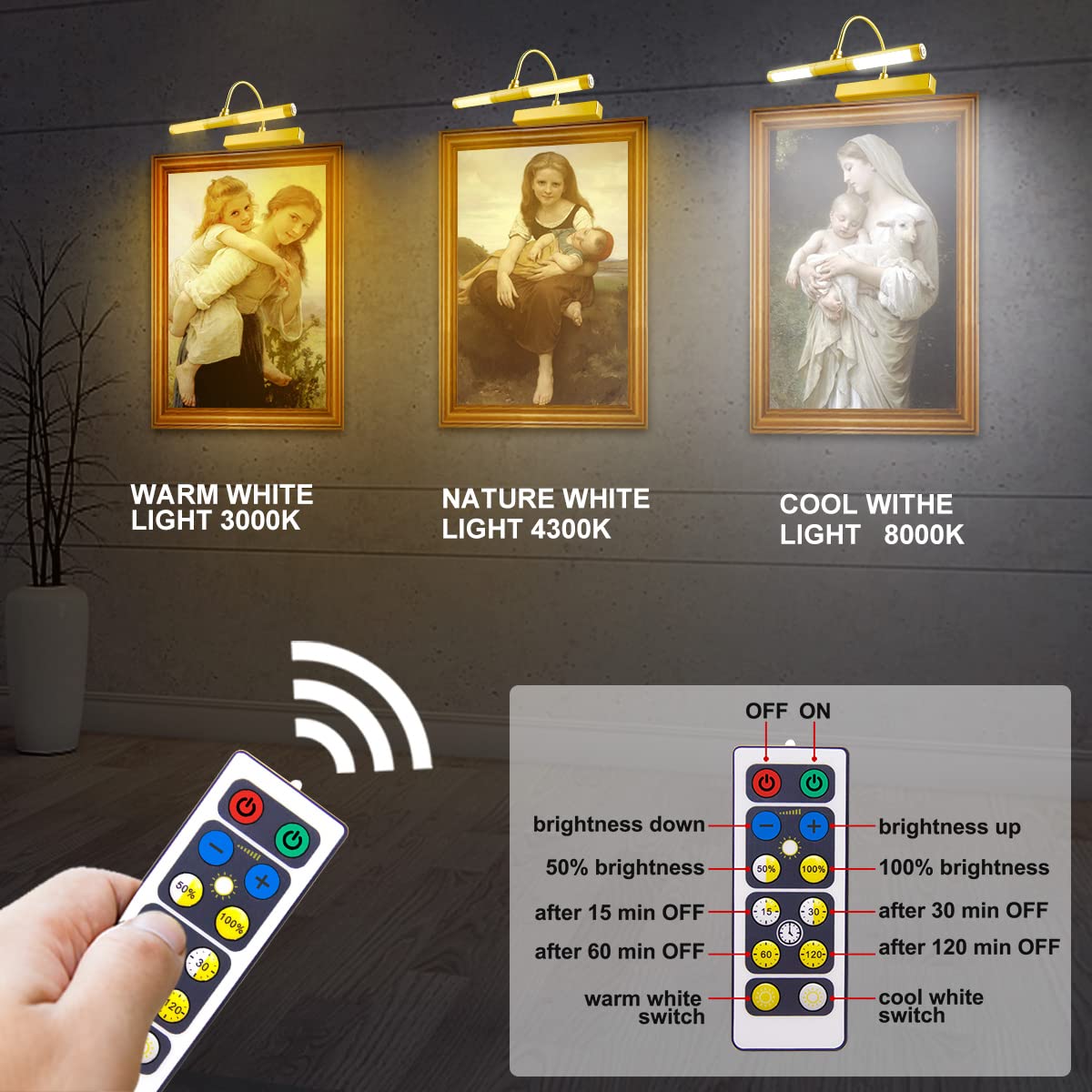 LUXSWAY Wireless Picture Light, Dimmable, Battery-Operated, 13 inch, Gold, Model DY601YW-gold, Remote Control