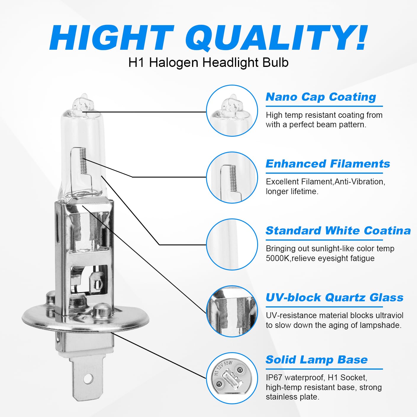 Safego H1 Halogen Headlight Bulb 12V 55W 5000K Pack of 2 for Auto Car Low High Beam Fog Light Replacement