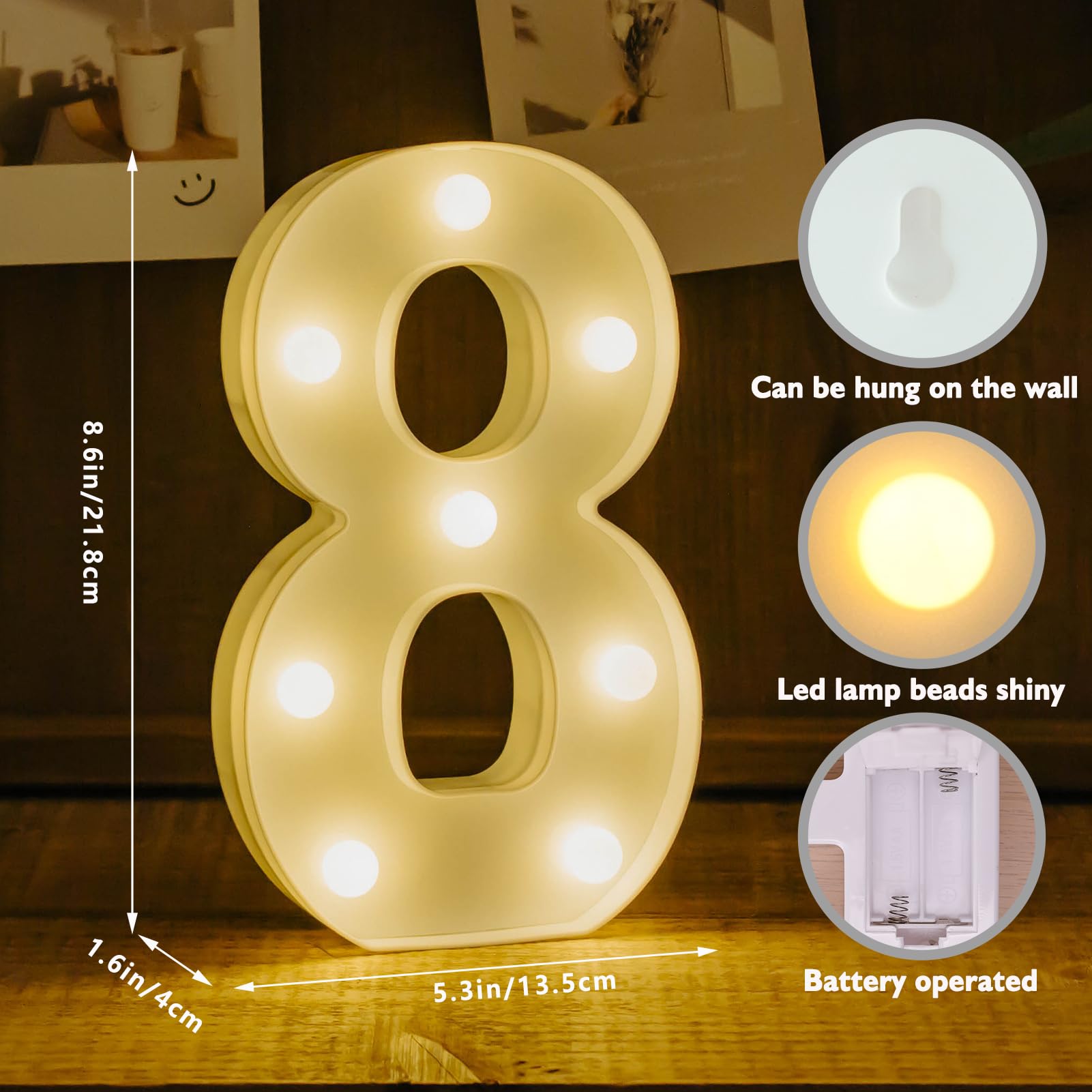 IFDGCTK Light Up Number 8 - Decorative LED Letter Light, Battery Powered, Warm Light, Plastic for Home Decor and Parties
