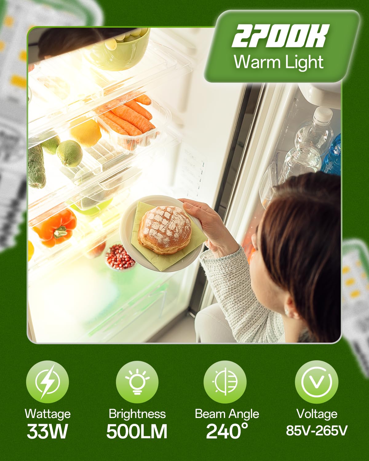BOGDA Refrigerator LED Light Bulb, 3-Pack, 3.5W, E27, 2700K Warm Light, Compatible with Frigi-daire Ken-More, Model