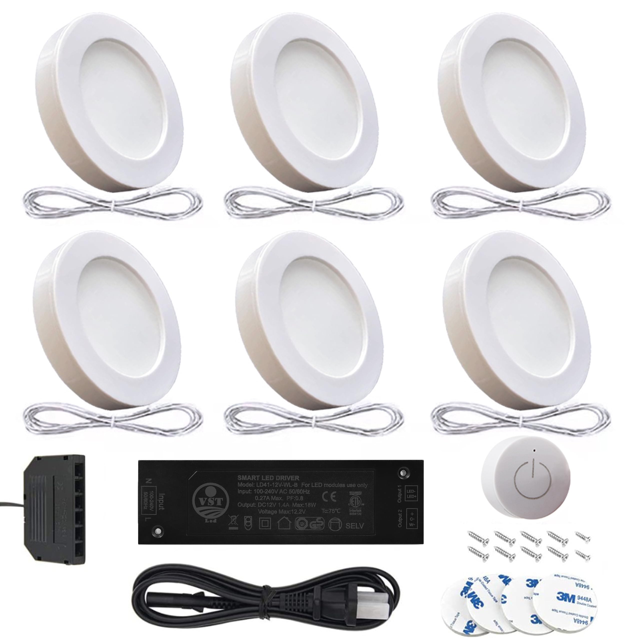 VST Under Cabinet Lighting Puck Light, 12V 2W, Wireless Dimmer, 6 Pack, Plastic, 4000K, Model 025, White