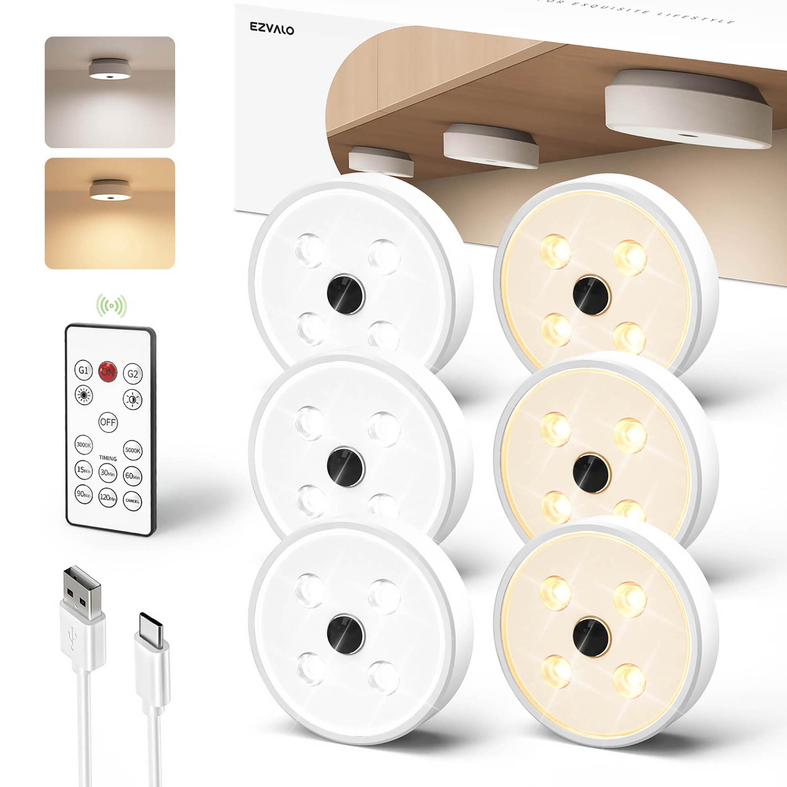 EZVALO Puck Lights - Rechargeable LED Under Cabinet Lighting, Dimmable, Pack of 6, Grey/White, Model PUCK LIGHT