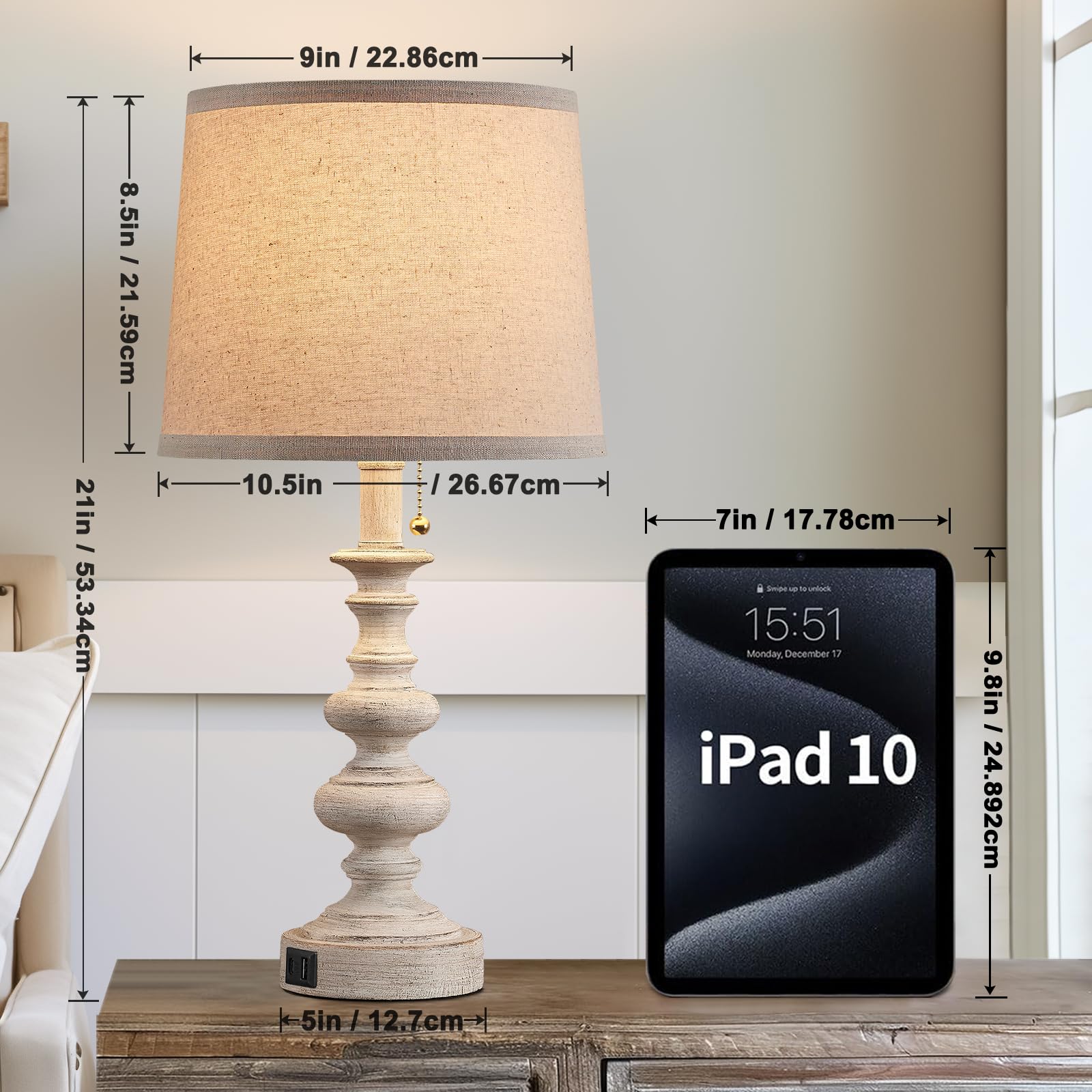 Bowobo 21'' Farmhouse Table Lamp Set Of 2 With Usb A+C Ports For Bedroom Living Room Vintage Rustic Traditional Nightstand Bedsi