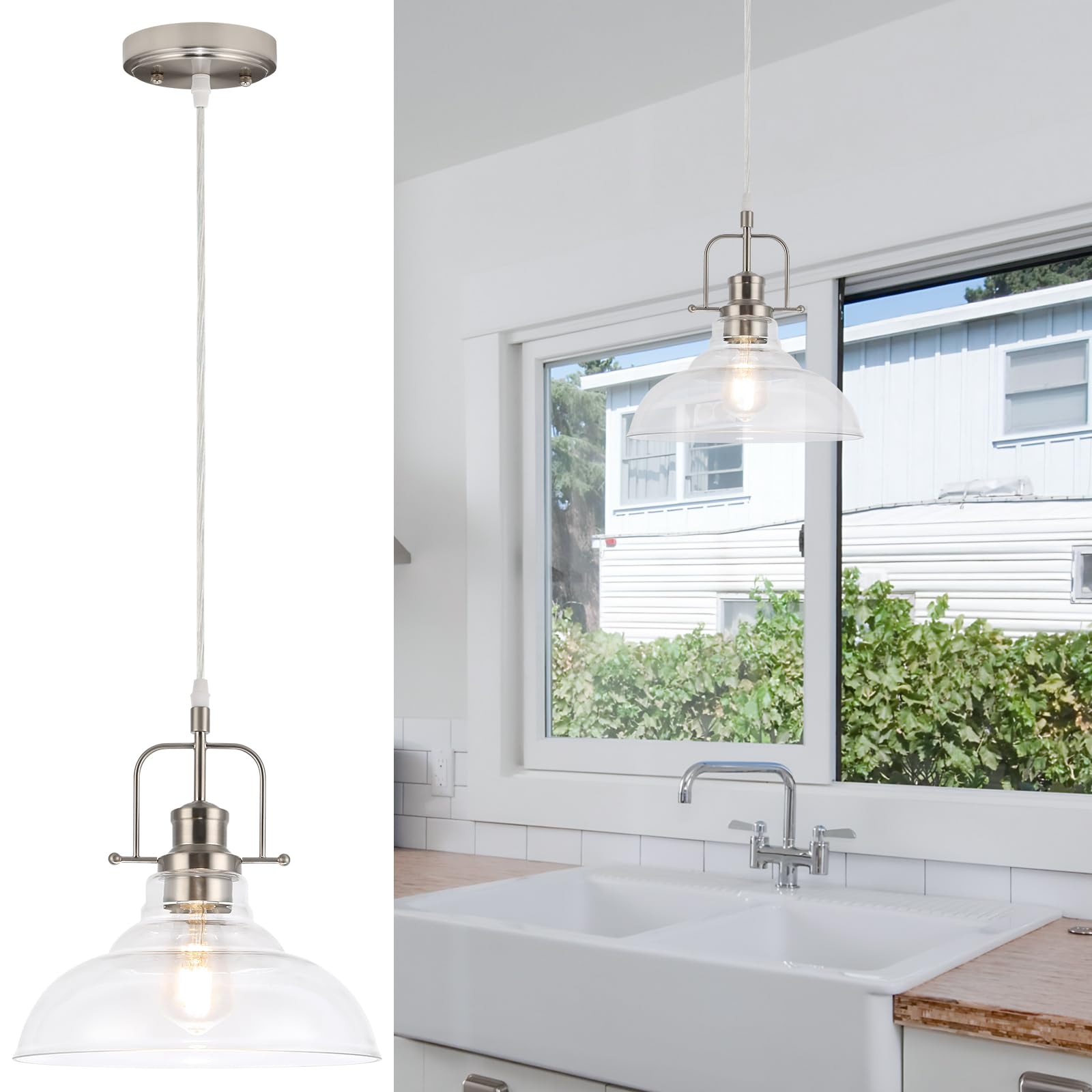 WILON Brushed Nickel Glass Pendant Lights Kitchen Island Lighting, Modern Hanging Lamp for Sink Dining Room Over Table Hallway E